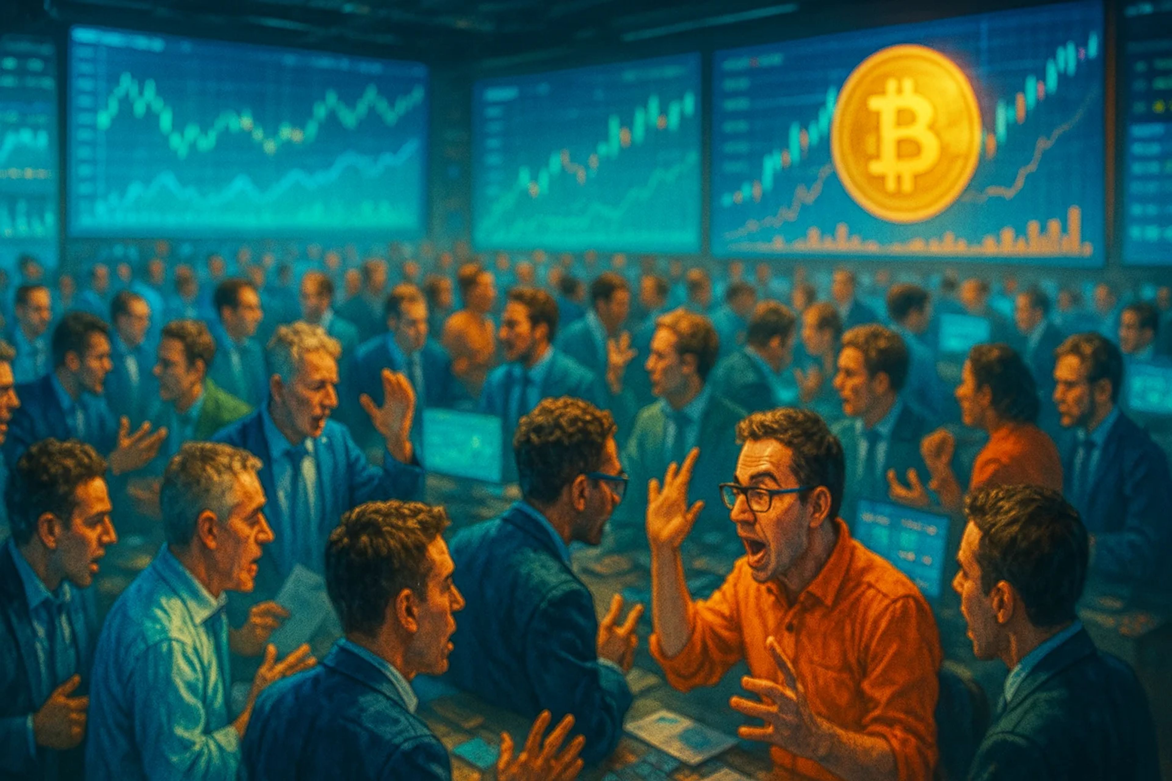 A crowded trading room with multiple screens