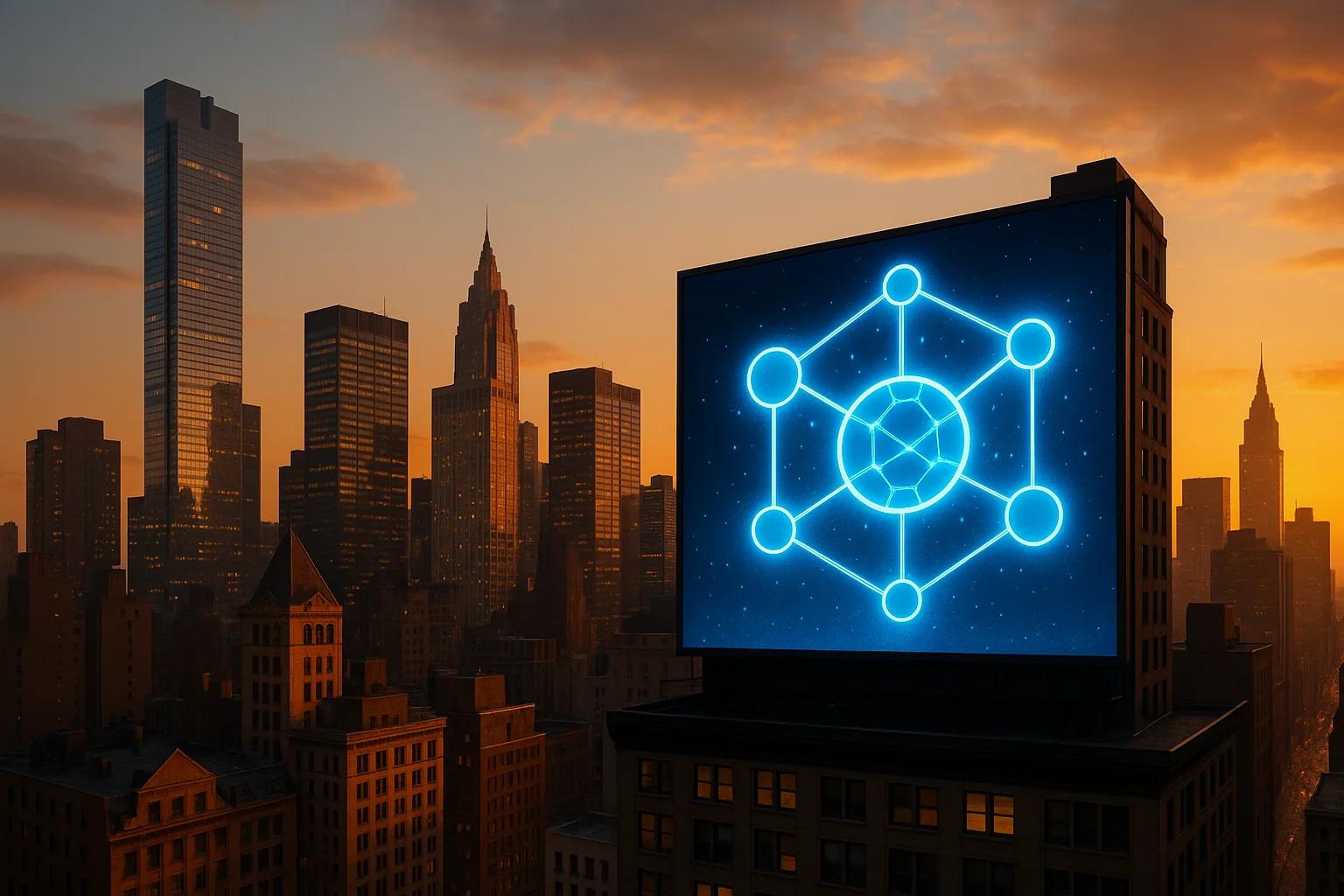 City skyline at sunset with glowing billboard