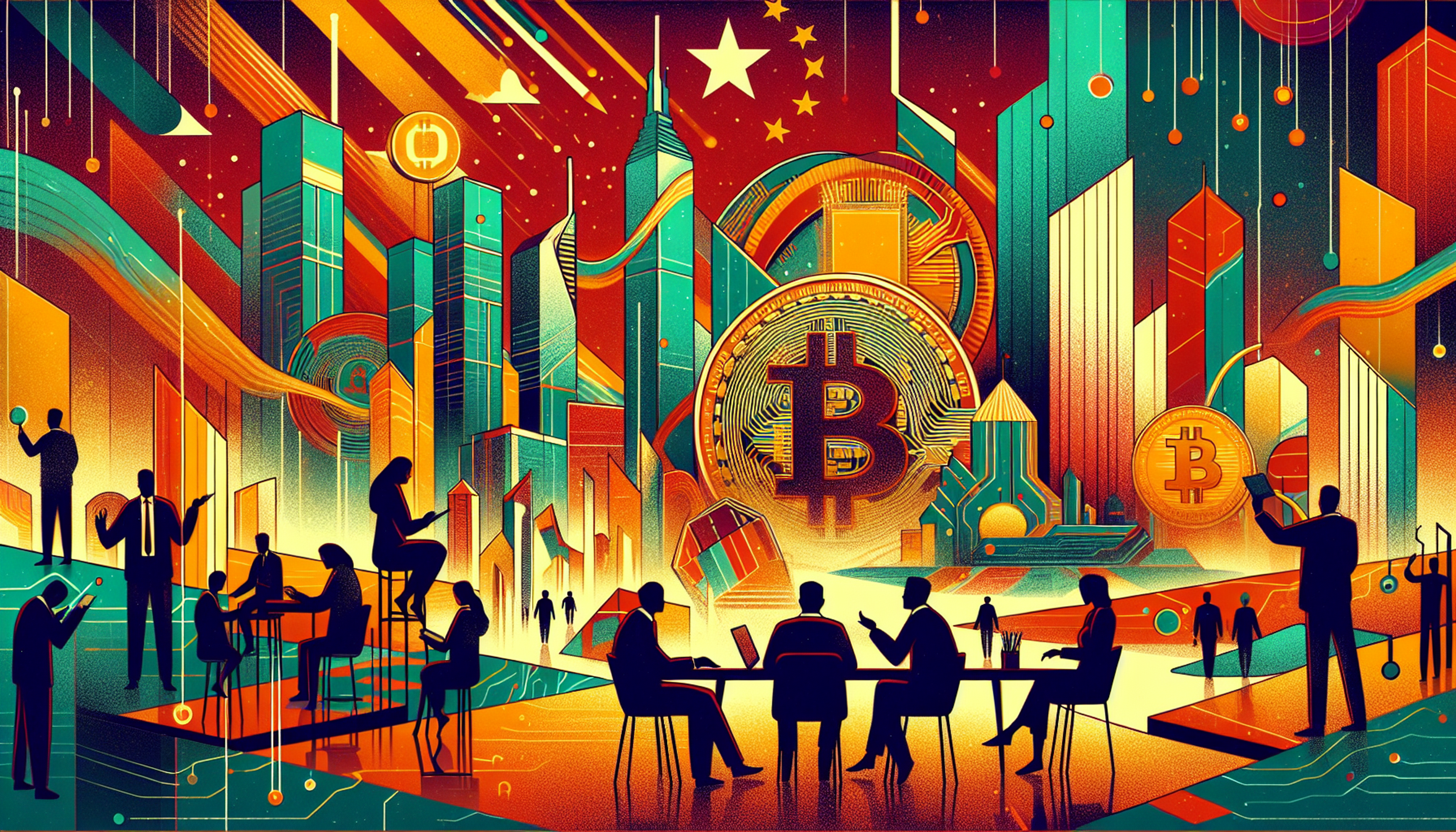 Silhouettes of people in a vibrant cityscape with