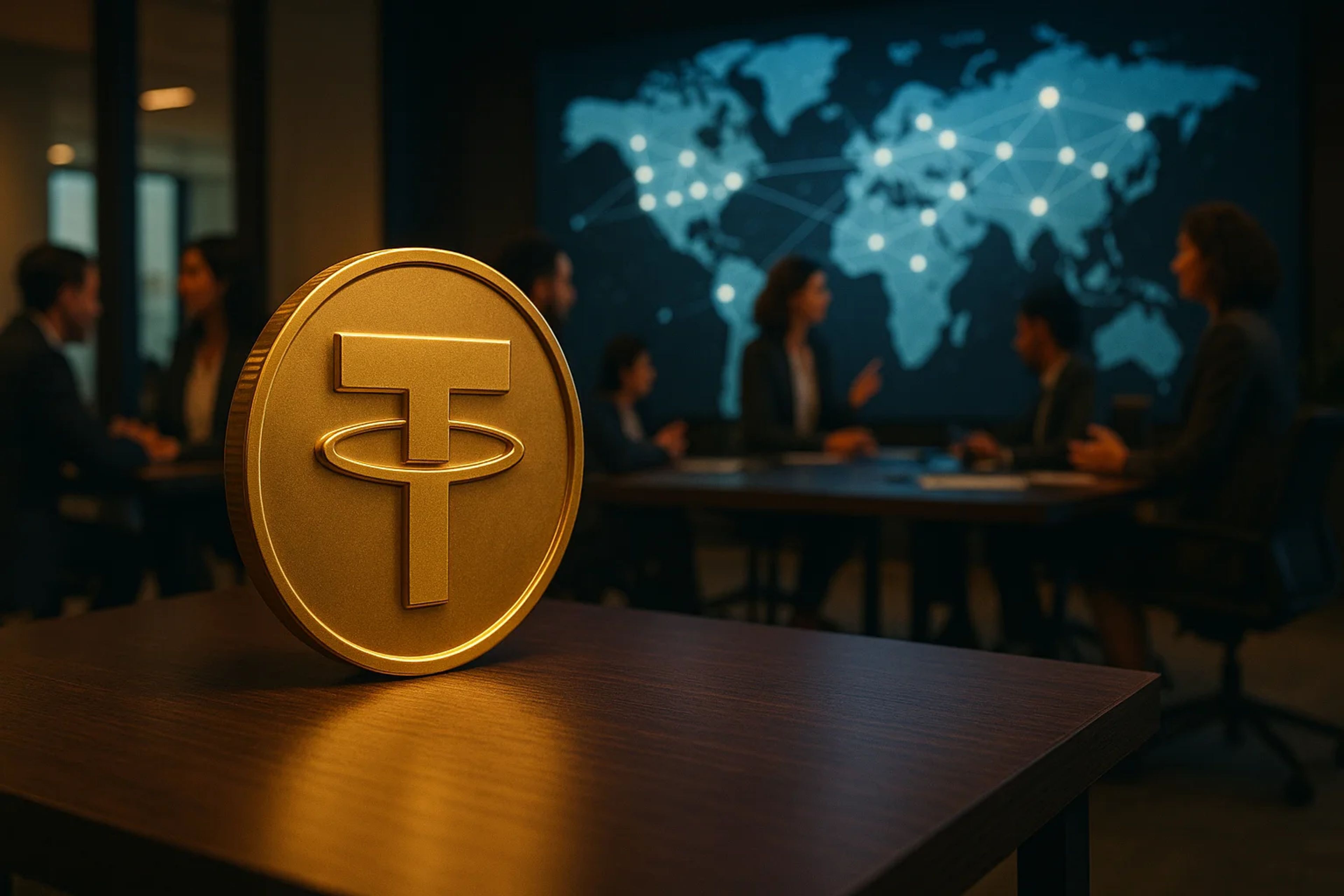 A large gold coin with a logo in focus, in a