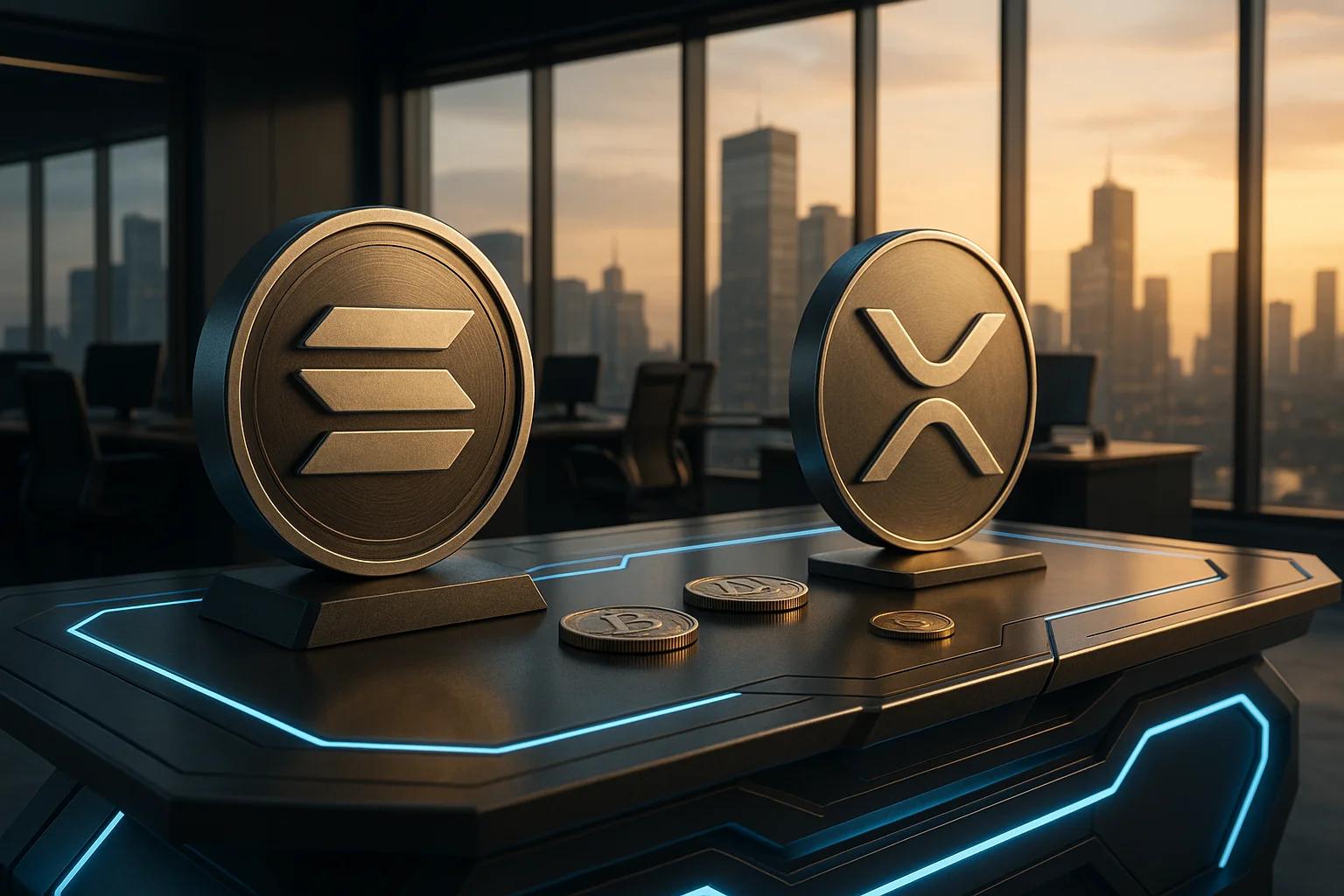 Two cryptocurrency coins displayed on a table