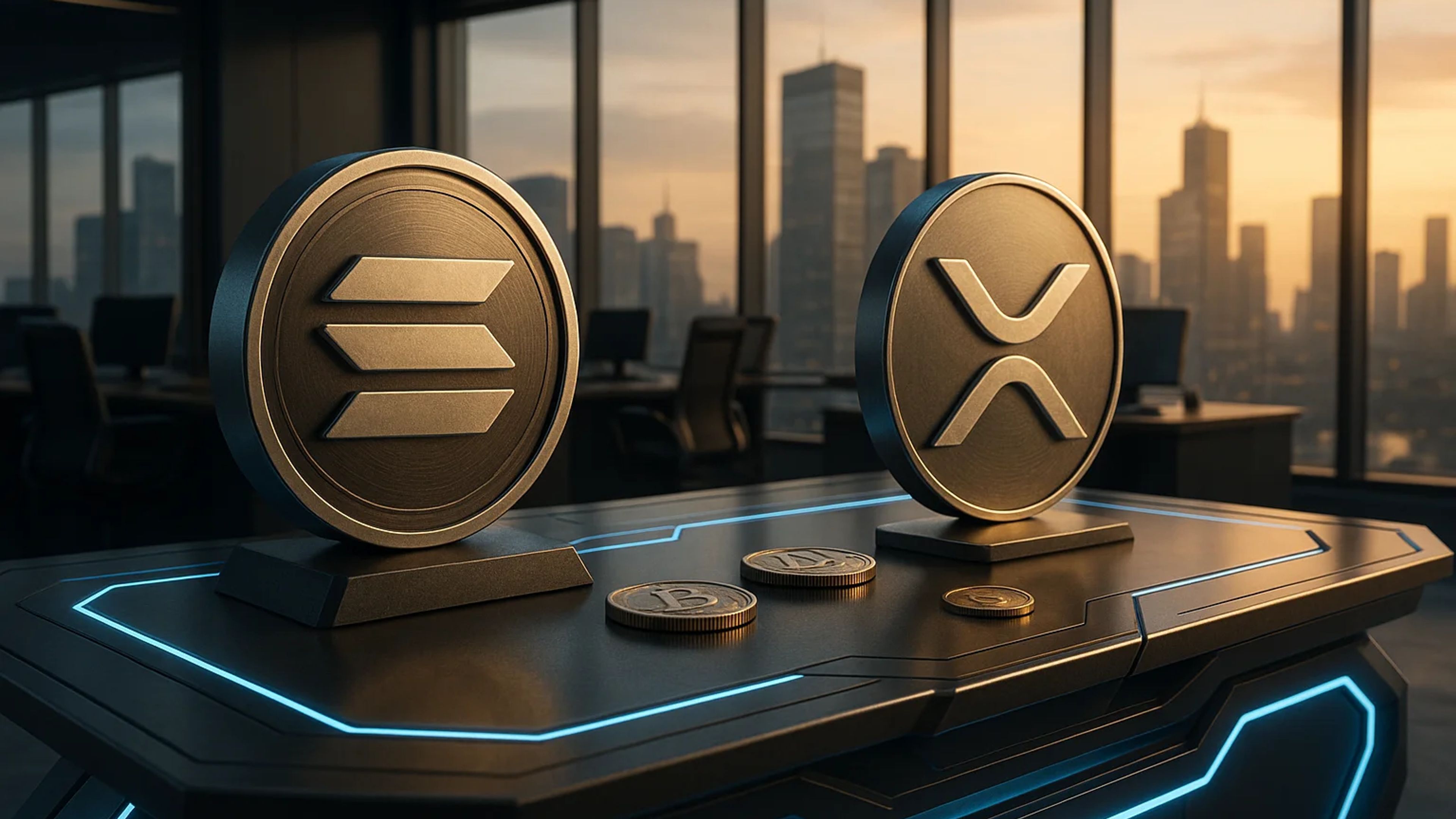 Two cryptocurrency coins displayed on a table
