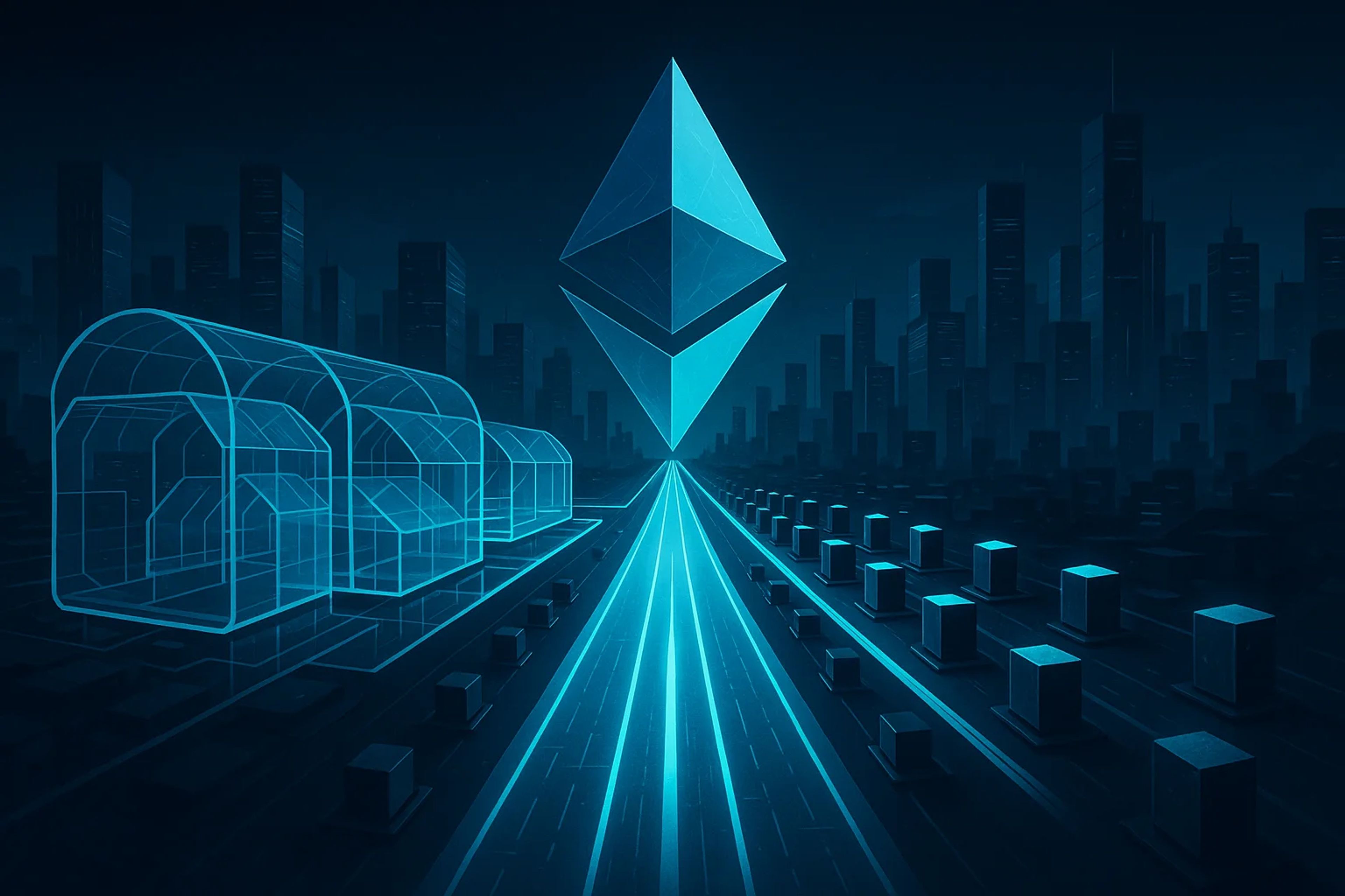 Futuristic cityscape with glowing geometric shapes