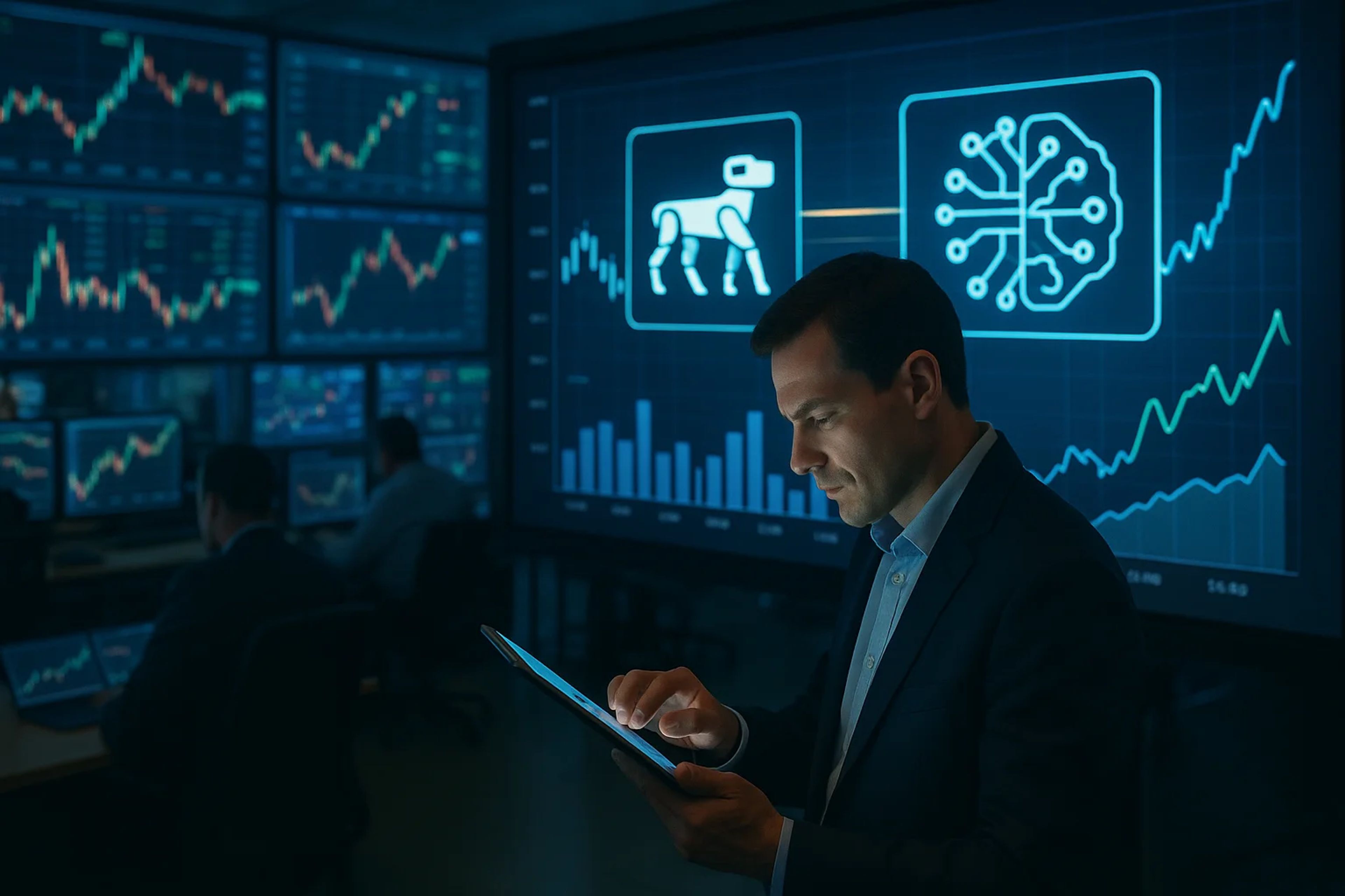 A man in a suit using a tablet in a dark room