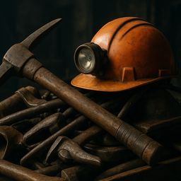 A worn orange hard hat with a light rests on a