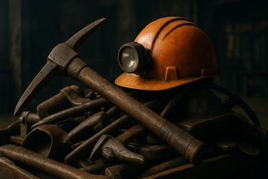A worn orange hard hat with a light rests on a