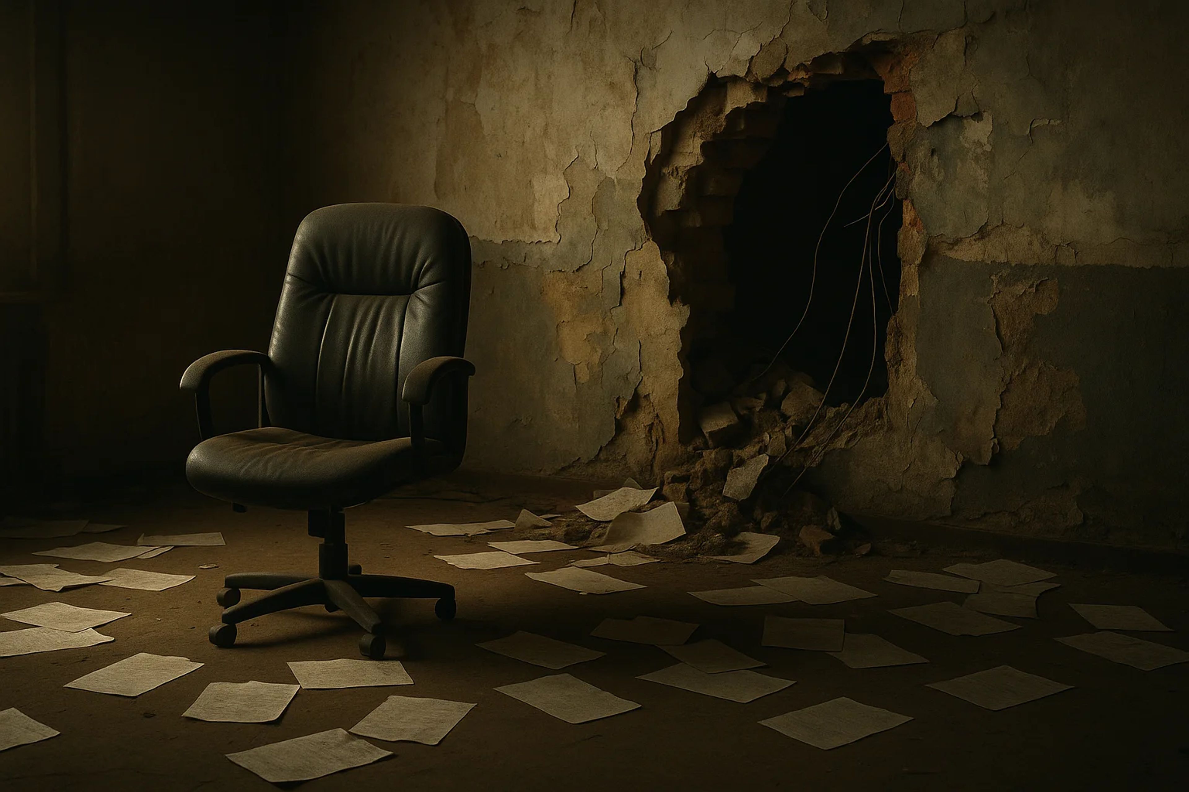 A black office chair in a dimly lit room with