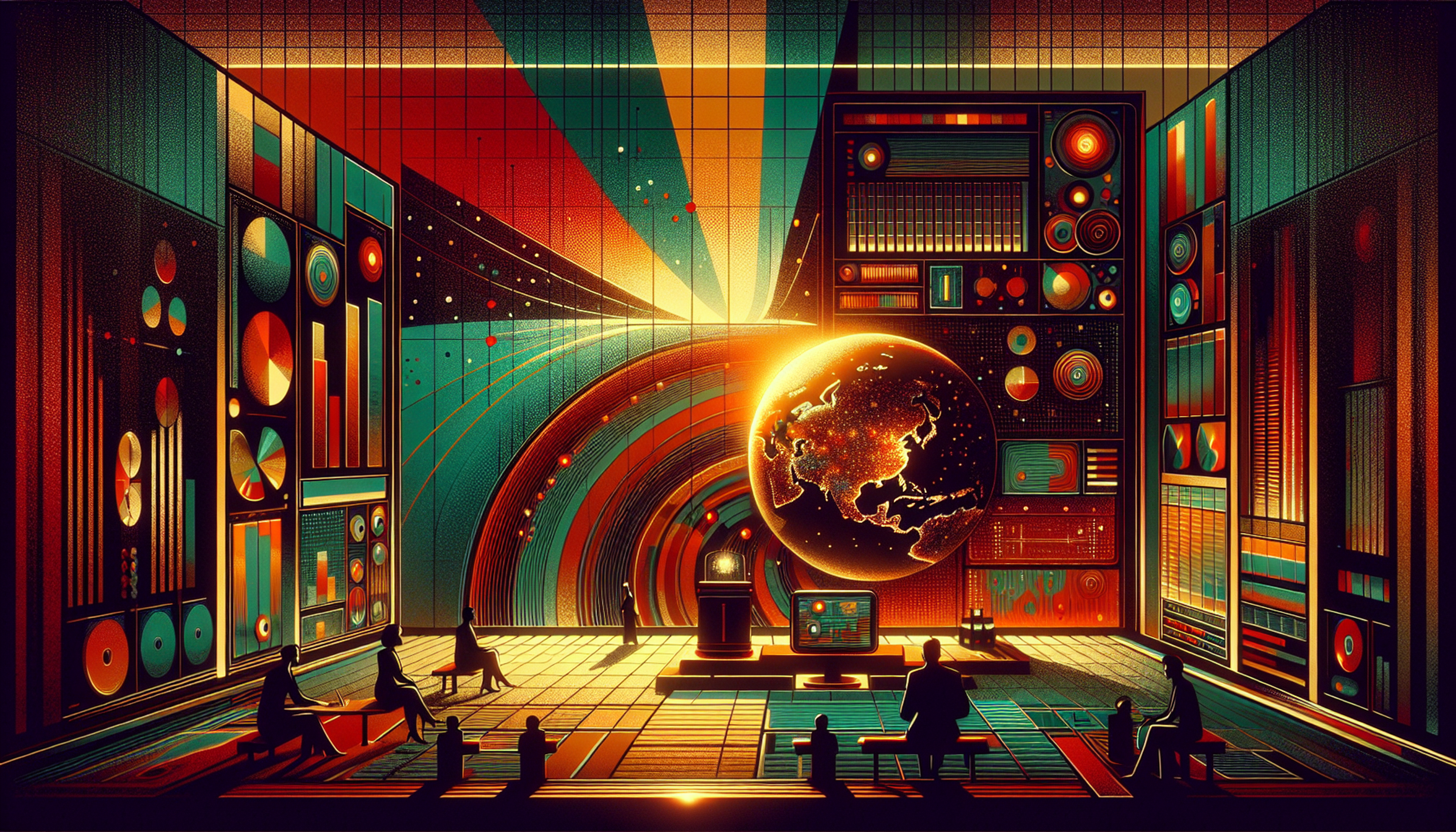 A vibrant, retro-futuristic room with a glowing