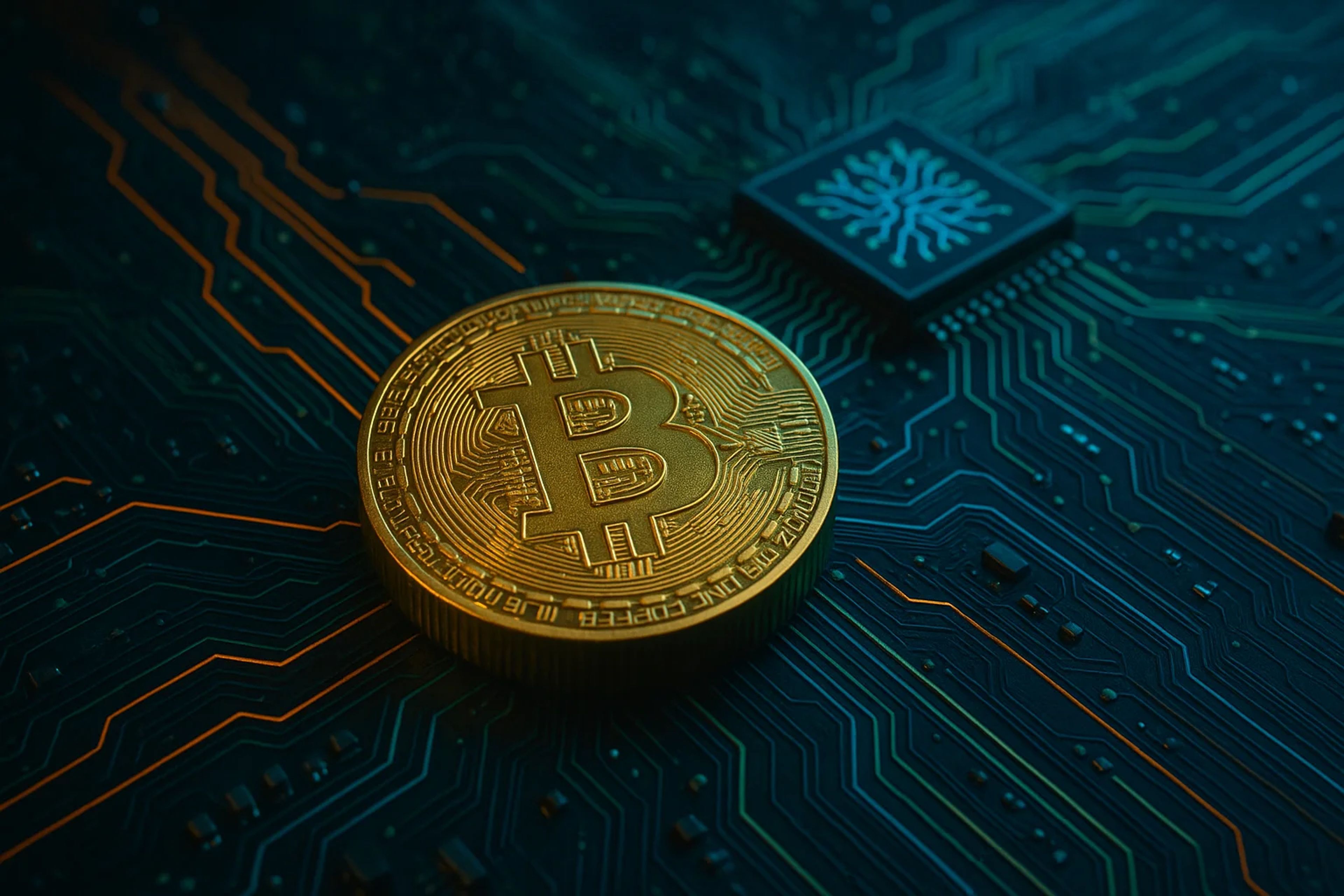 A golden Bitcoin on a circuit board background