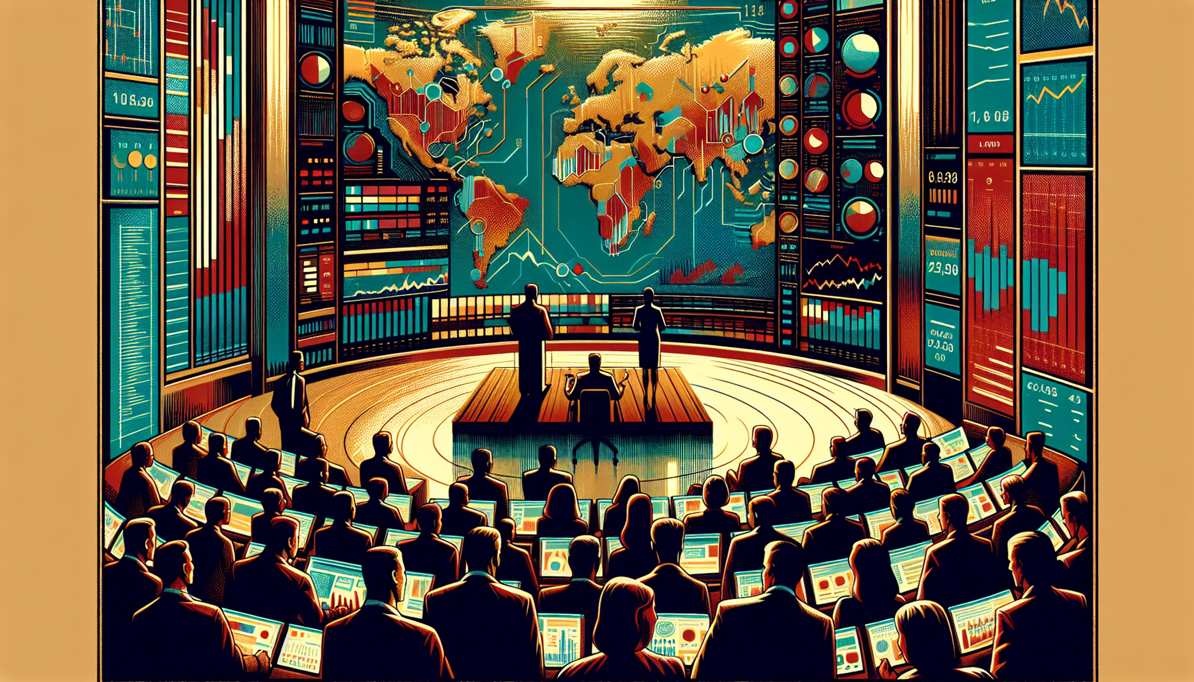 A conference room with a large world map and data