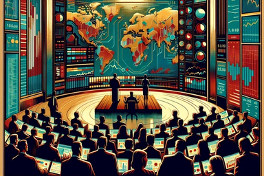 A conference room with a large world map and data