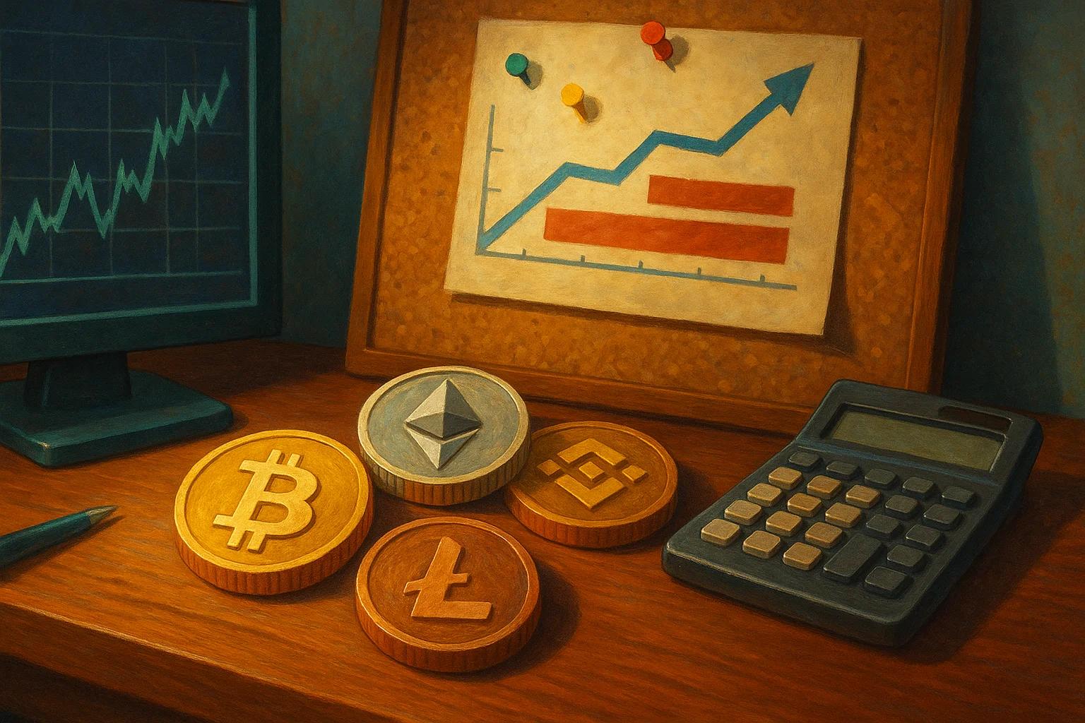 Wooden desk with cryptocurrency coins and a