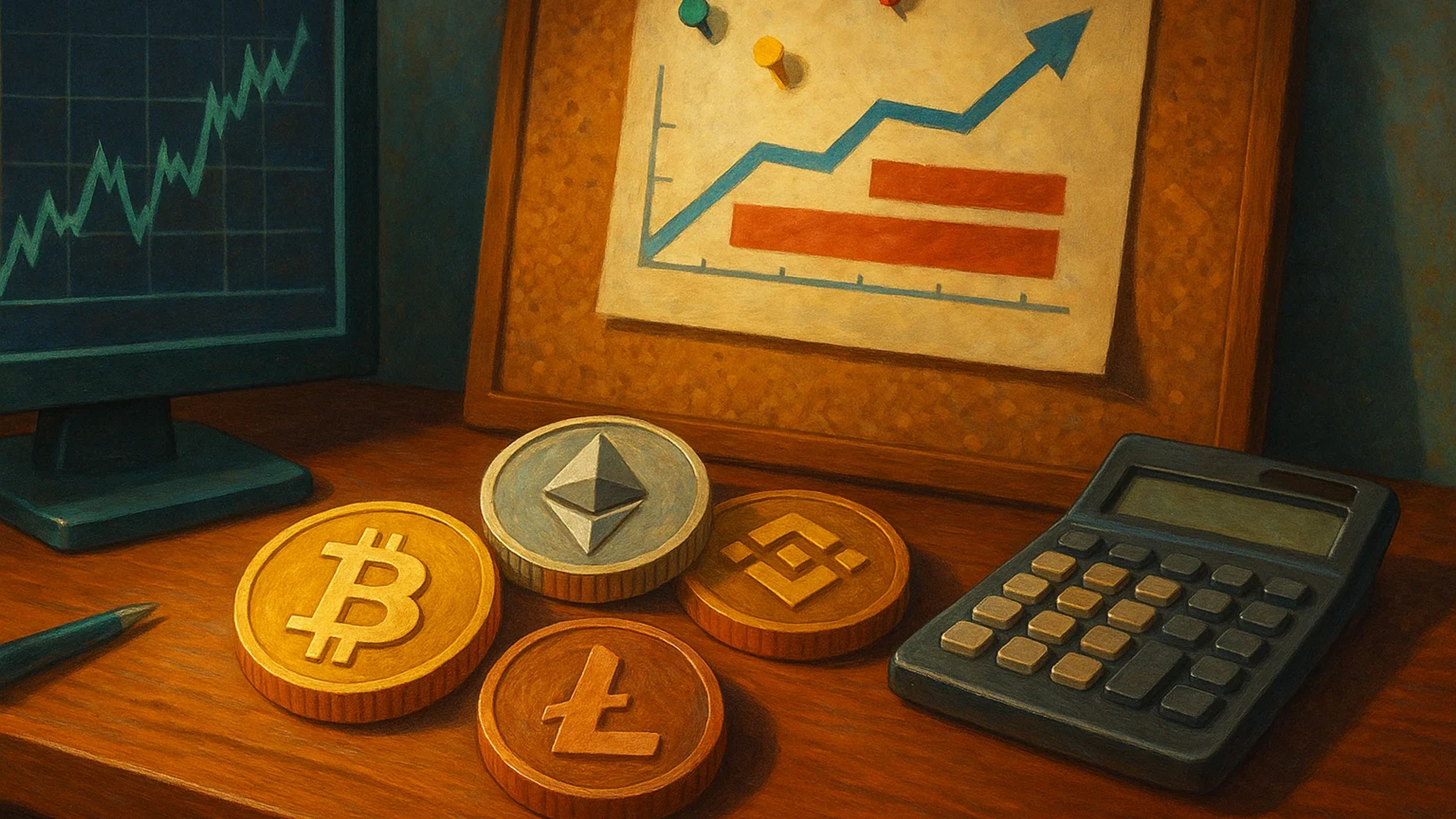 Wooden desk with cryptocurrency coins and a