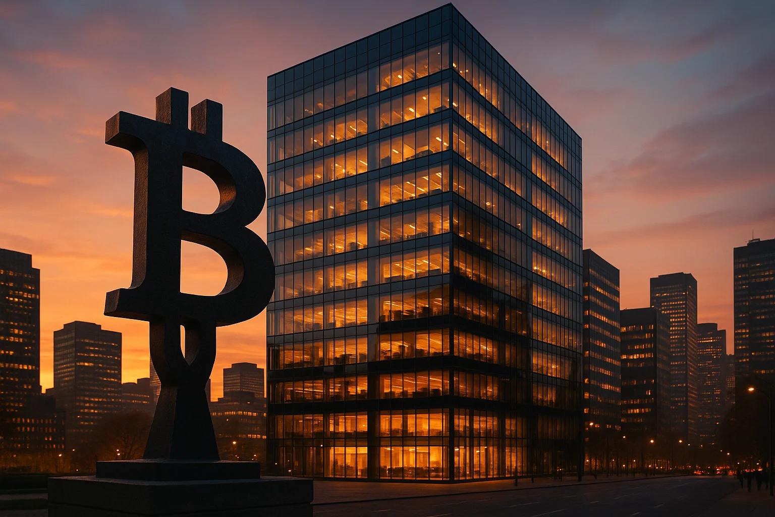 A large Bitcoin symbol in the foreground with a