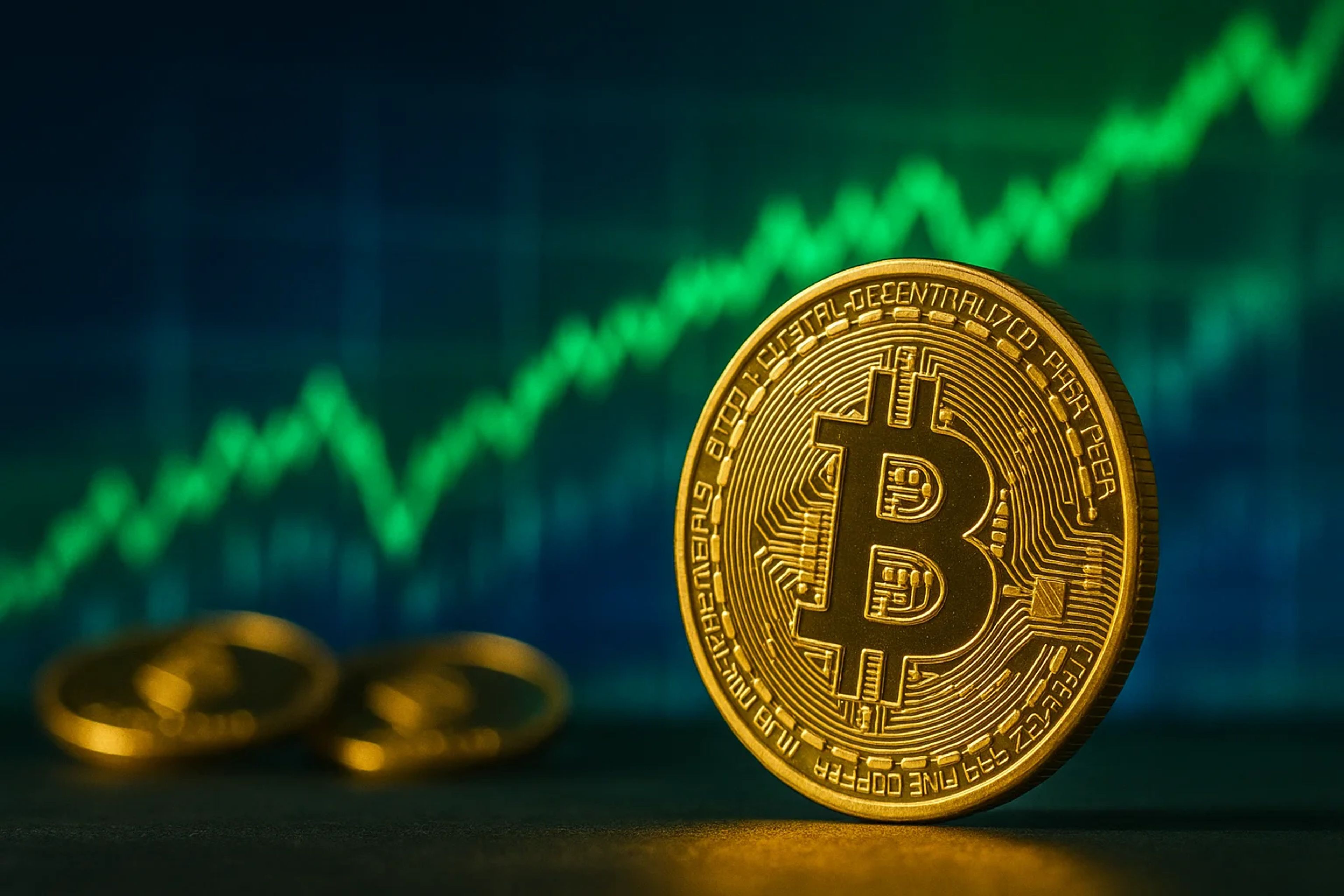 Golden Bitcoin coin in front of a green graph