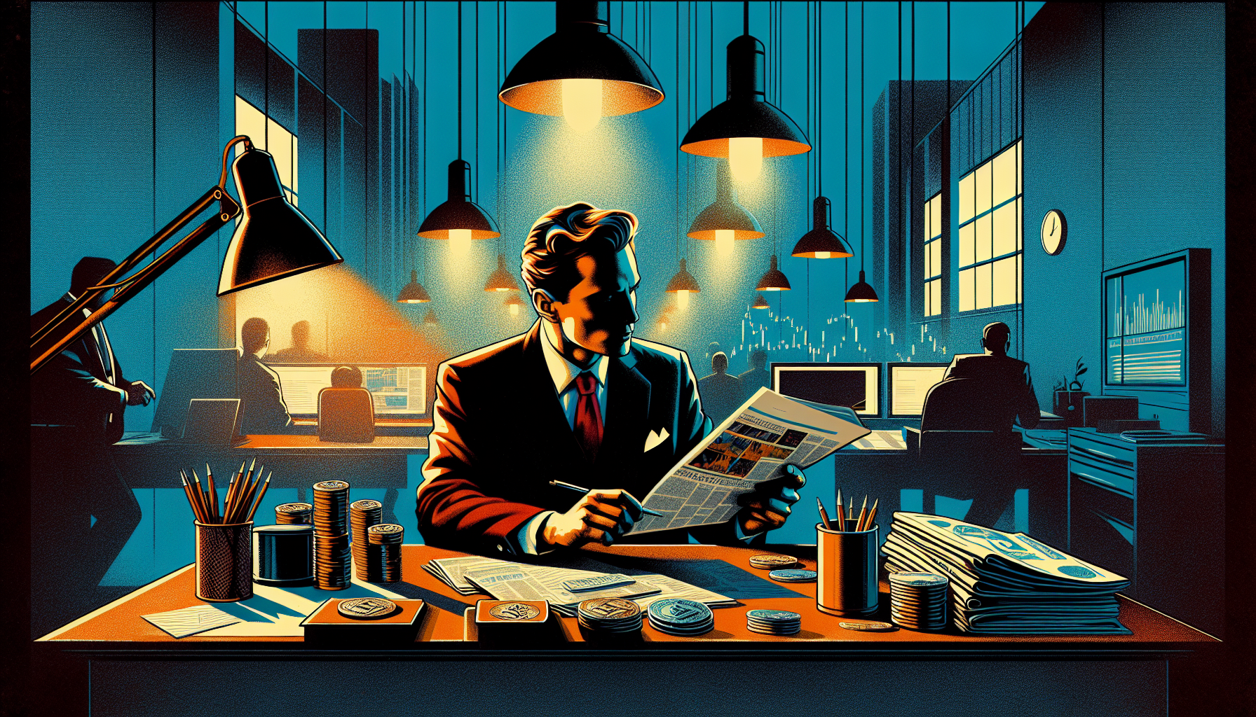 A man in a suit reading a newspaper at a desk