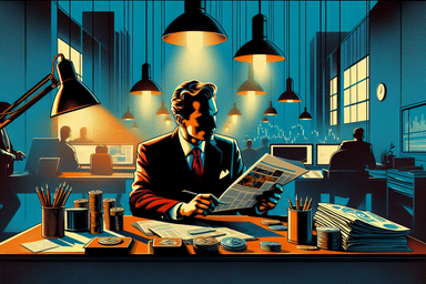 A man in a suit reading a newspaper at a desk