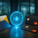 Credit cards arranged around a glowing digital