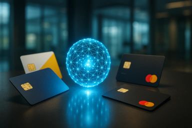Credit cards arranged around a glowing digital