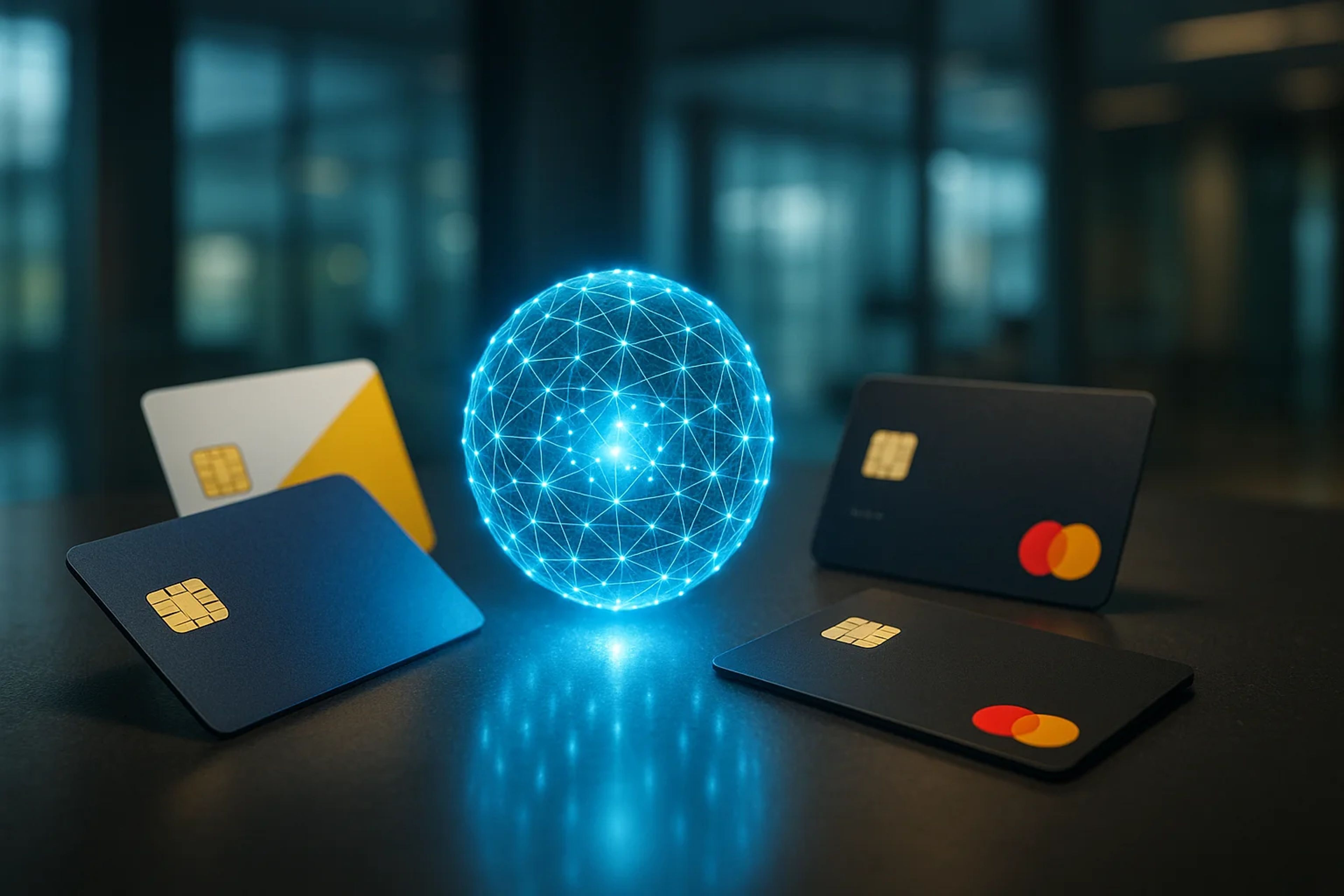 Credit cards arranged around a glowing digital