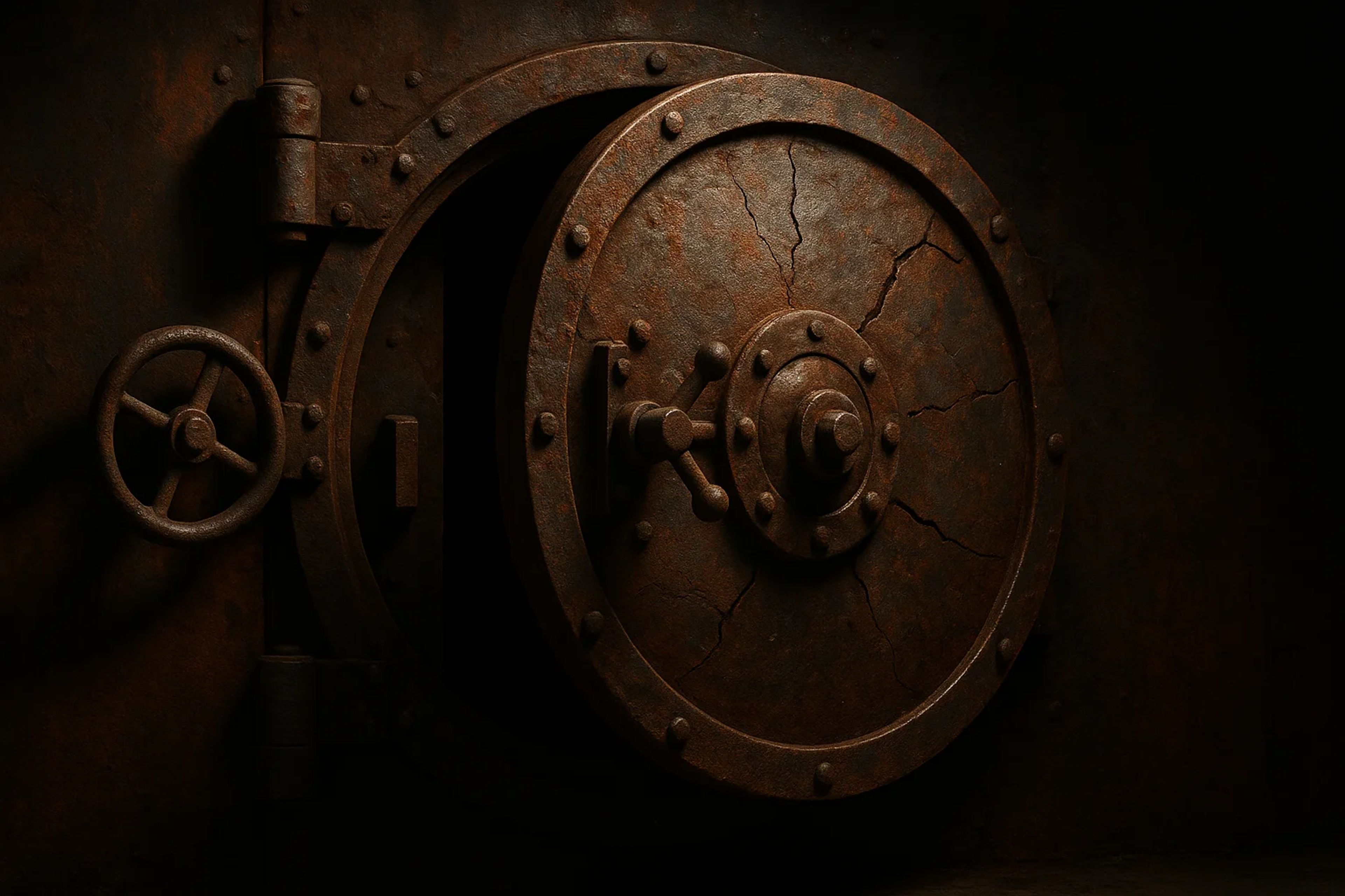 A large, rusty vault door partially open in dim