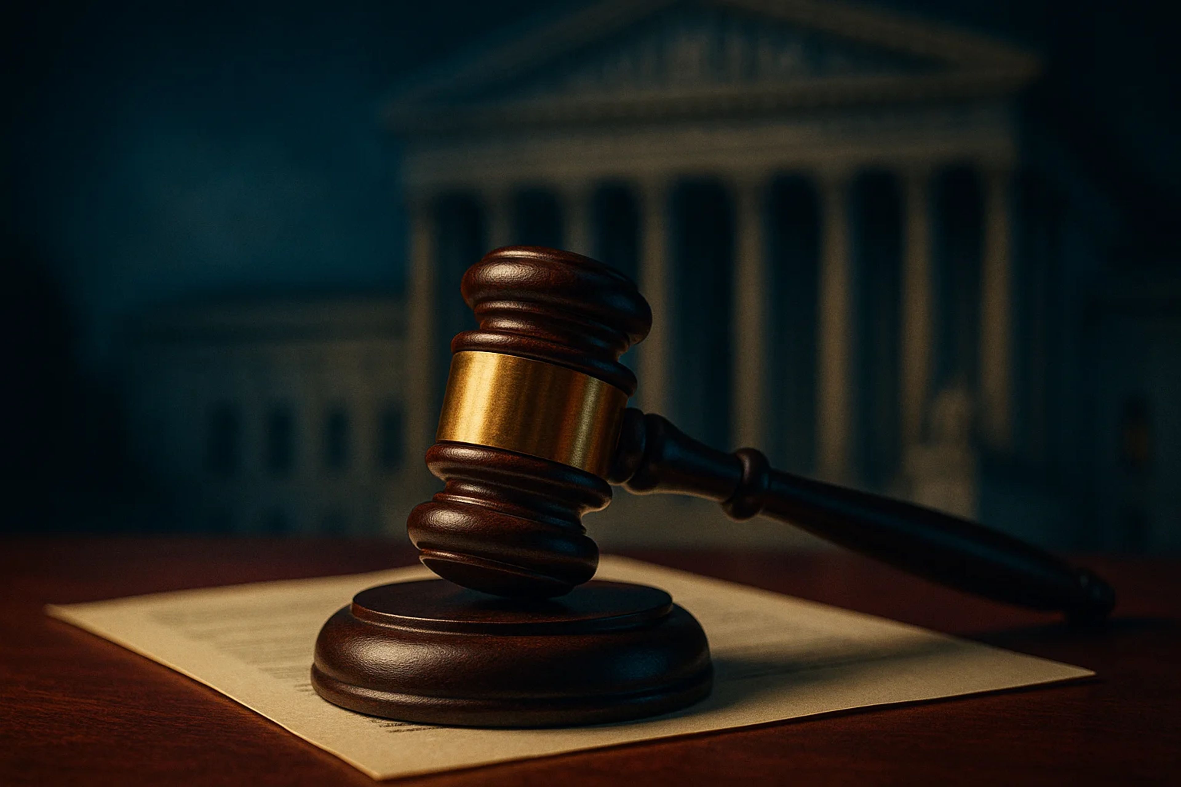 A wooden gavel resting on a document with a