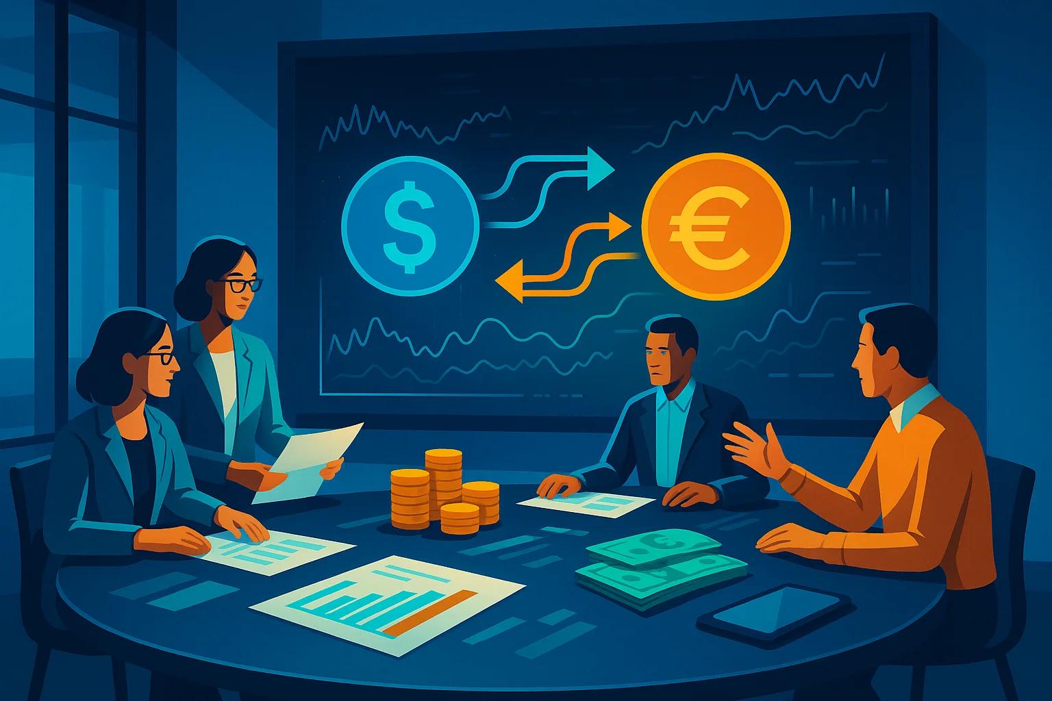 Four people in a meeting around a table with