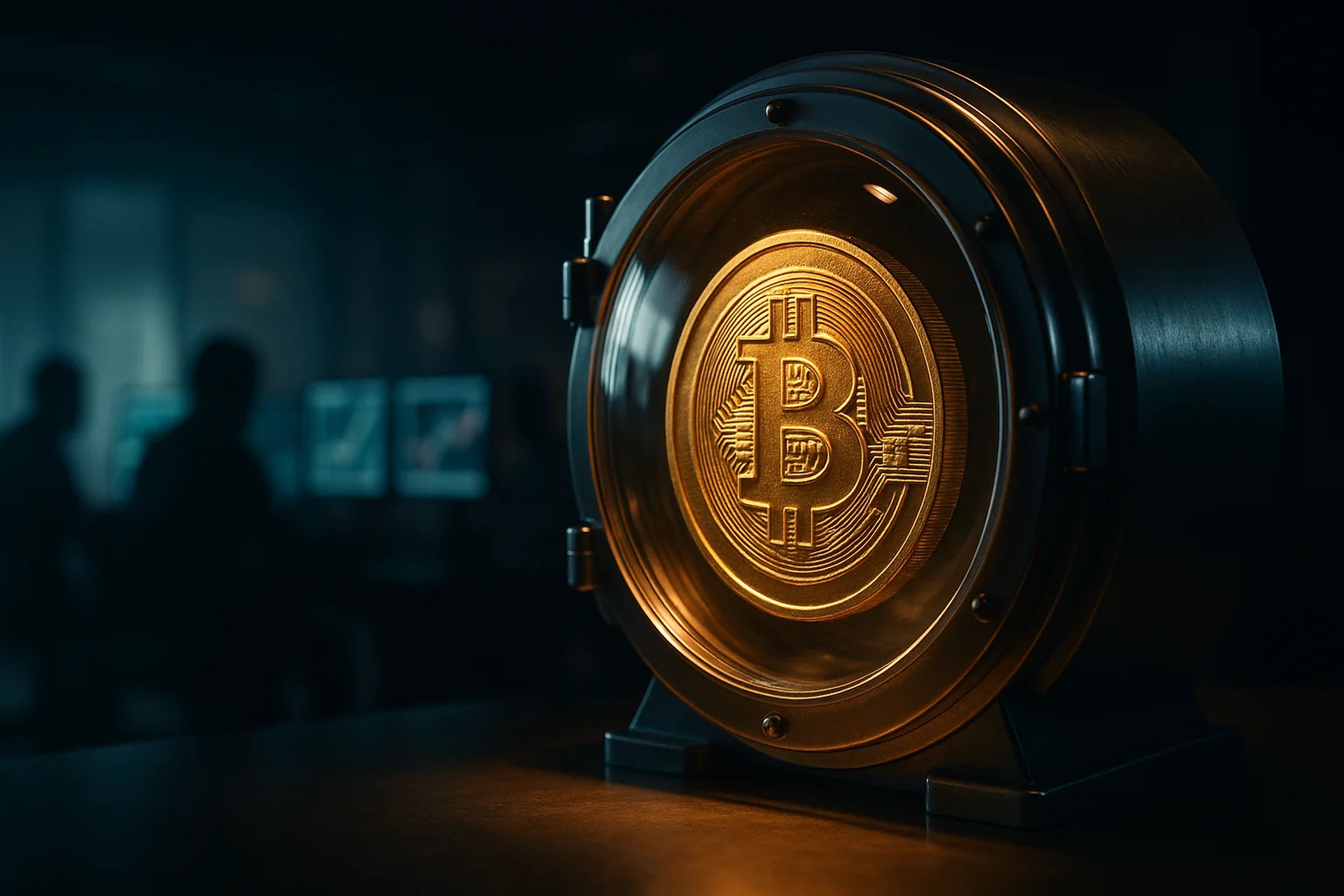 A golden Bitcoin symbol in a metallic display case
