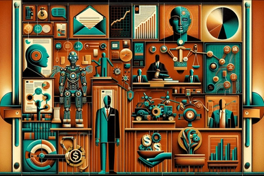 A stylized collage of business and technology