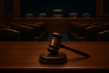 Wooden gavel on a polished table in a courtroom