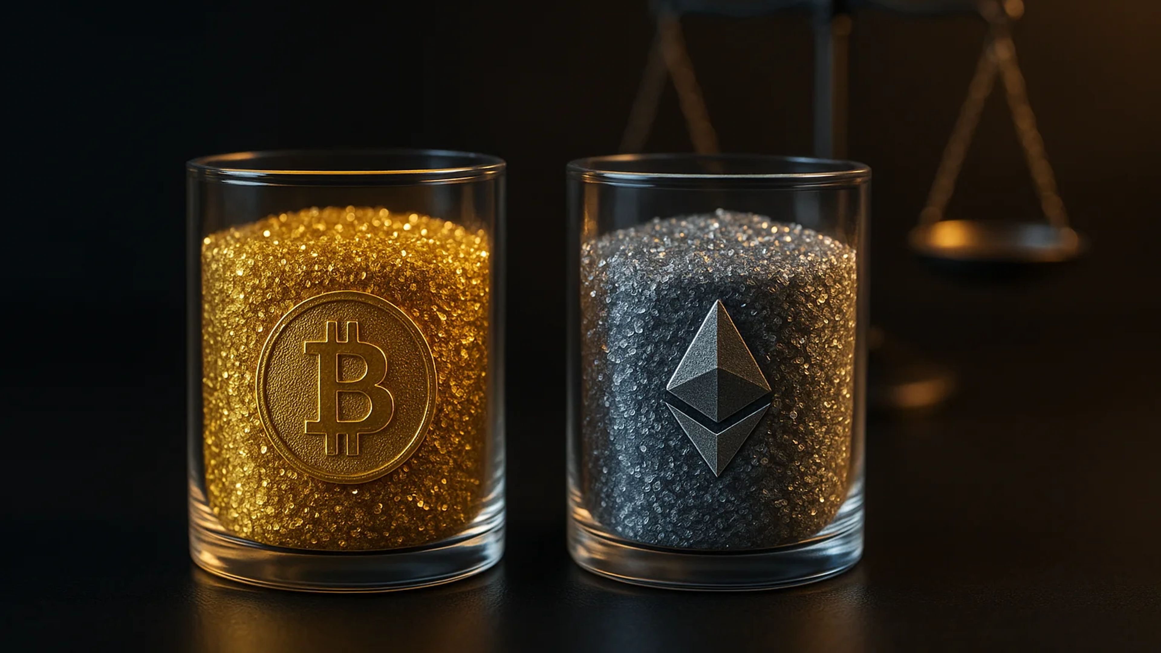Two glass containers filled with golden and