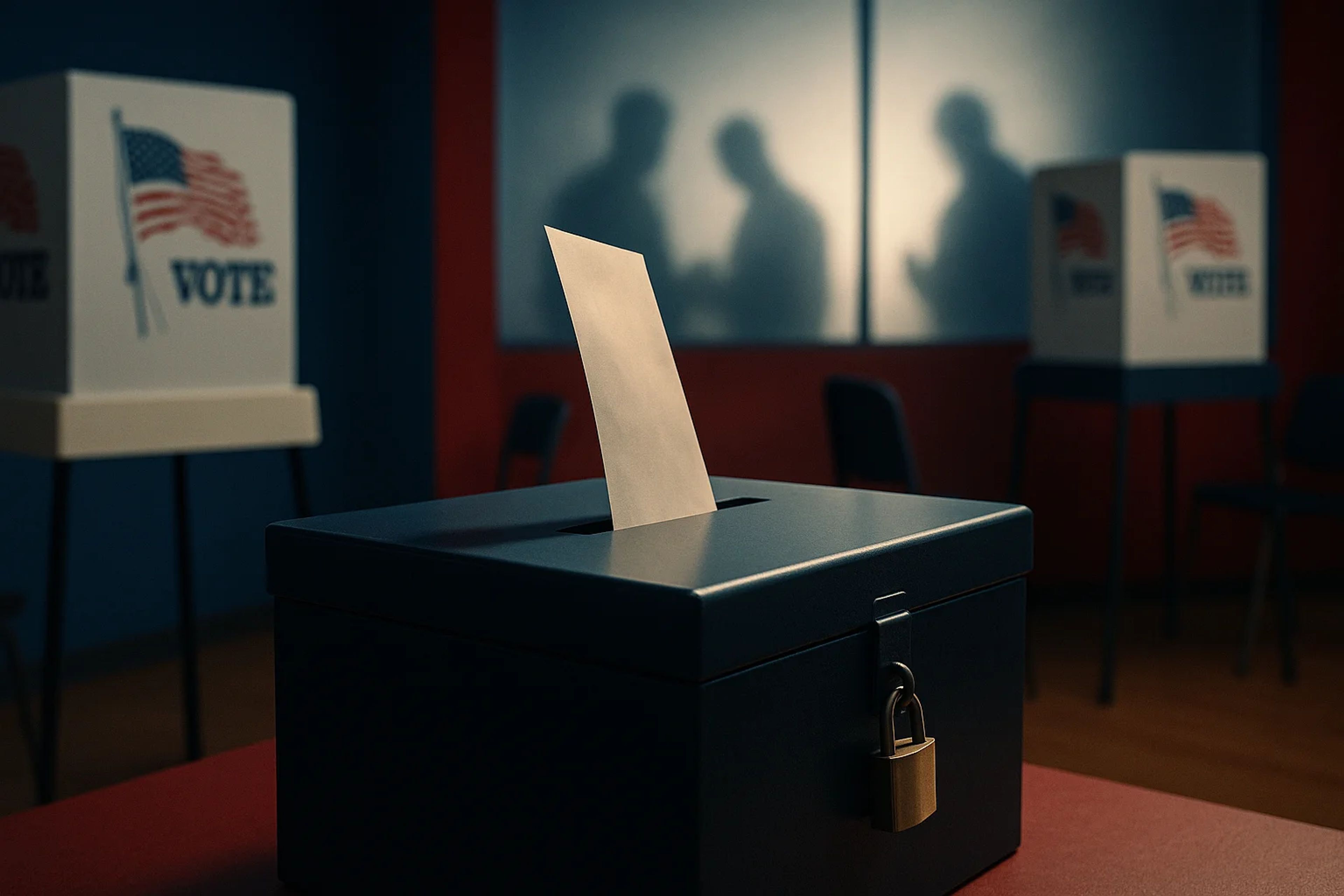 A ballot box with a ballot inserted, shadows of
