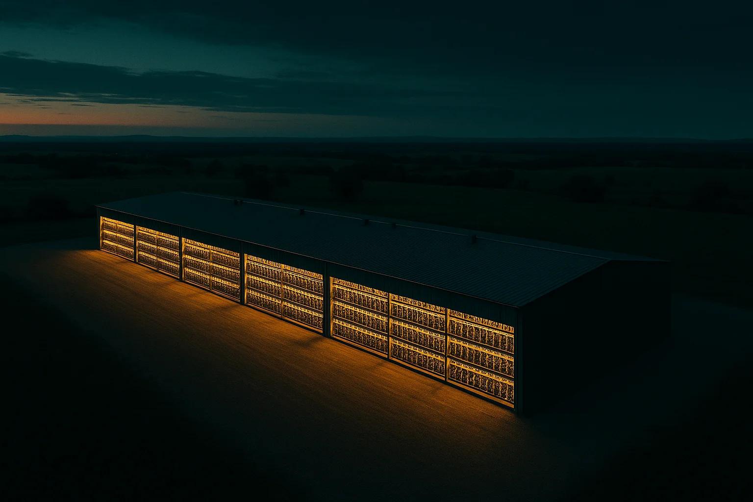 A large building illuminated by warm lights at