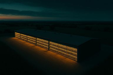 A large building illuminated by warm lights at