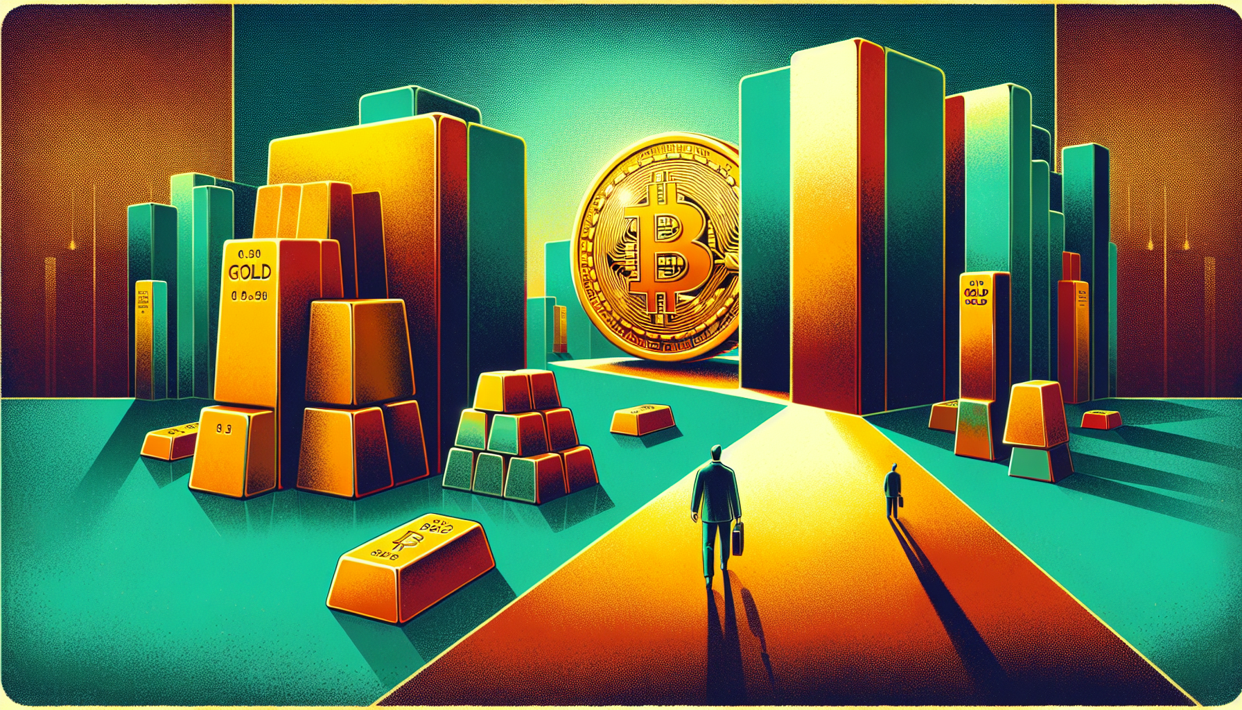 A stylized cityscape with gold bars and a large