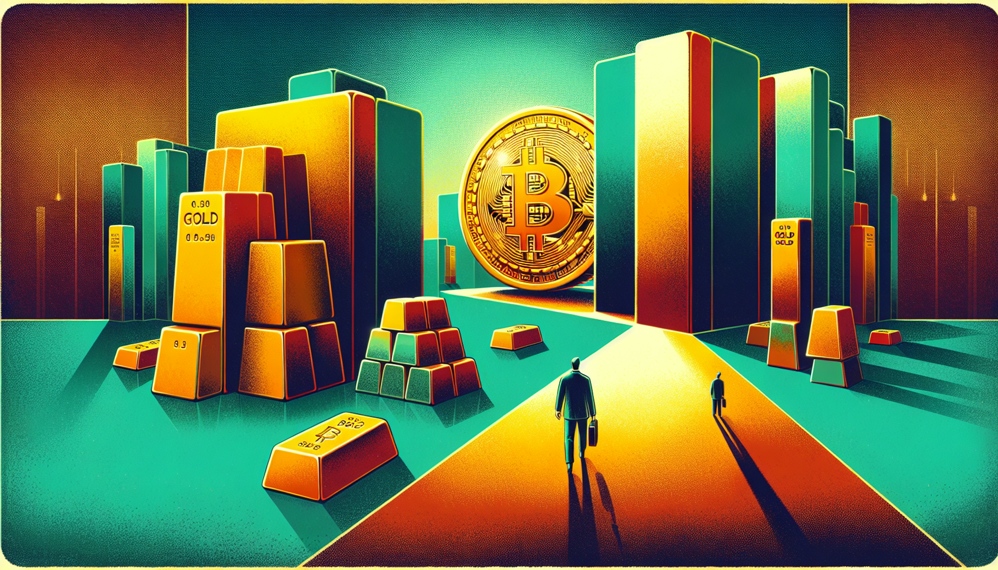 A stylized cityscape with gold bars and a large