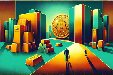 A stylized cityscape with gold bars and a large