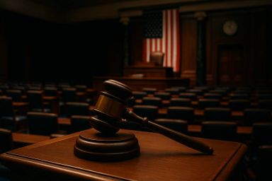 Wooden gavel on a podium in a courtroom
