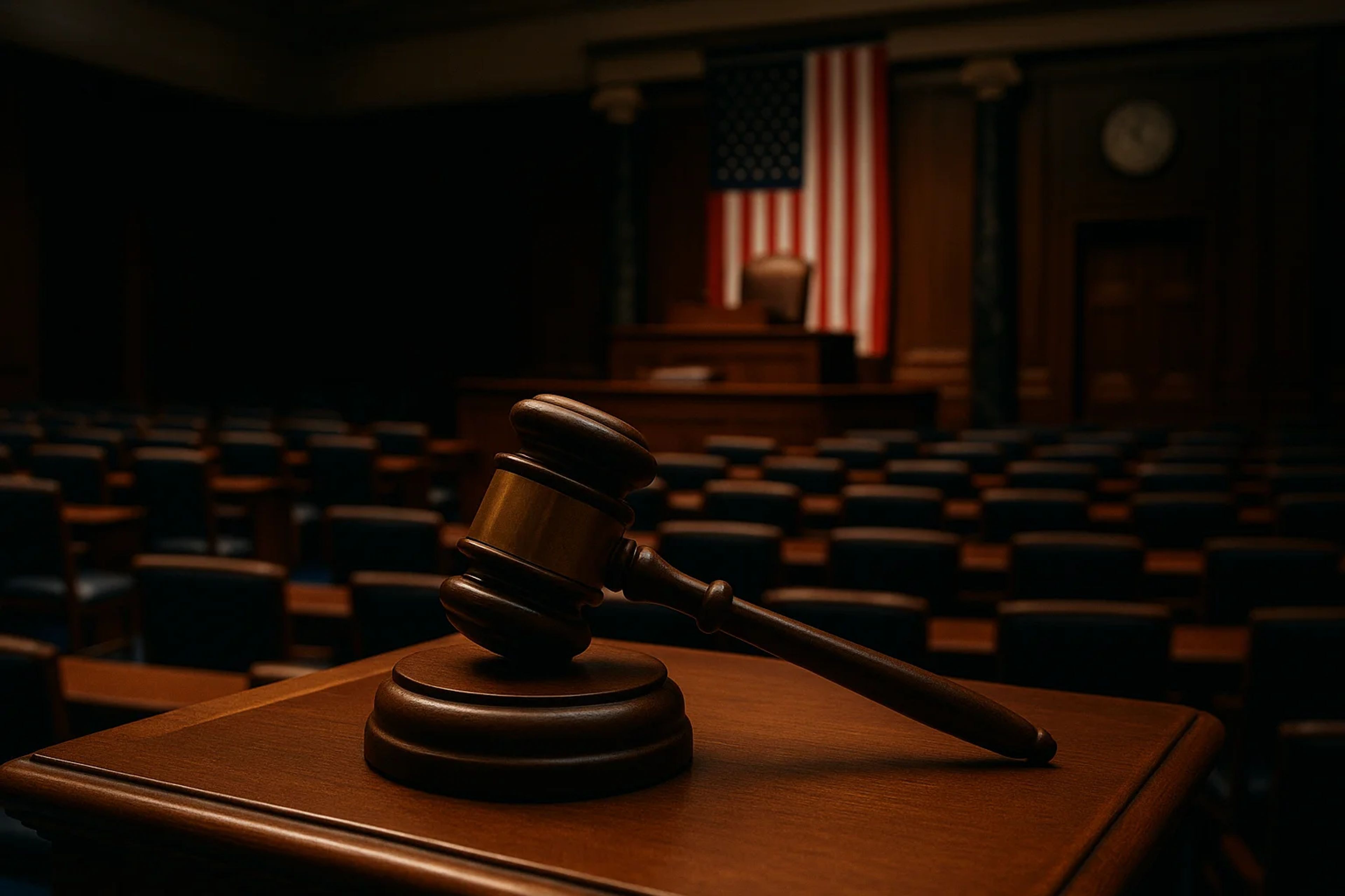 Wooden gavel on a podium in a courtroom