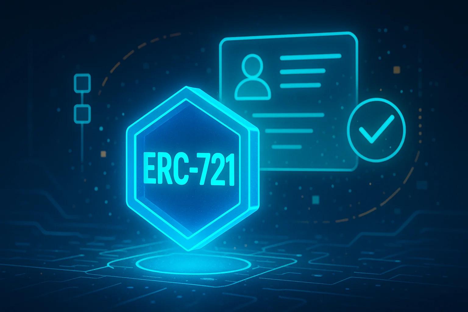 Glowing hexagon with 'ERC-721' and an ID card icon