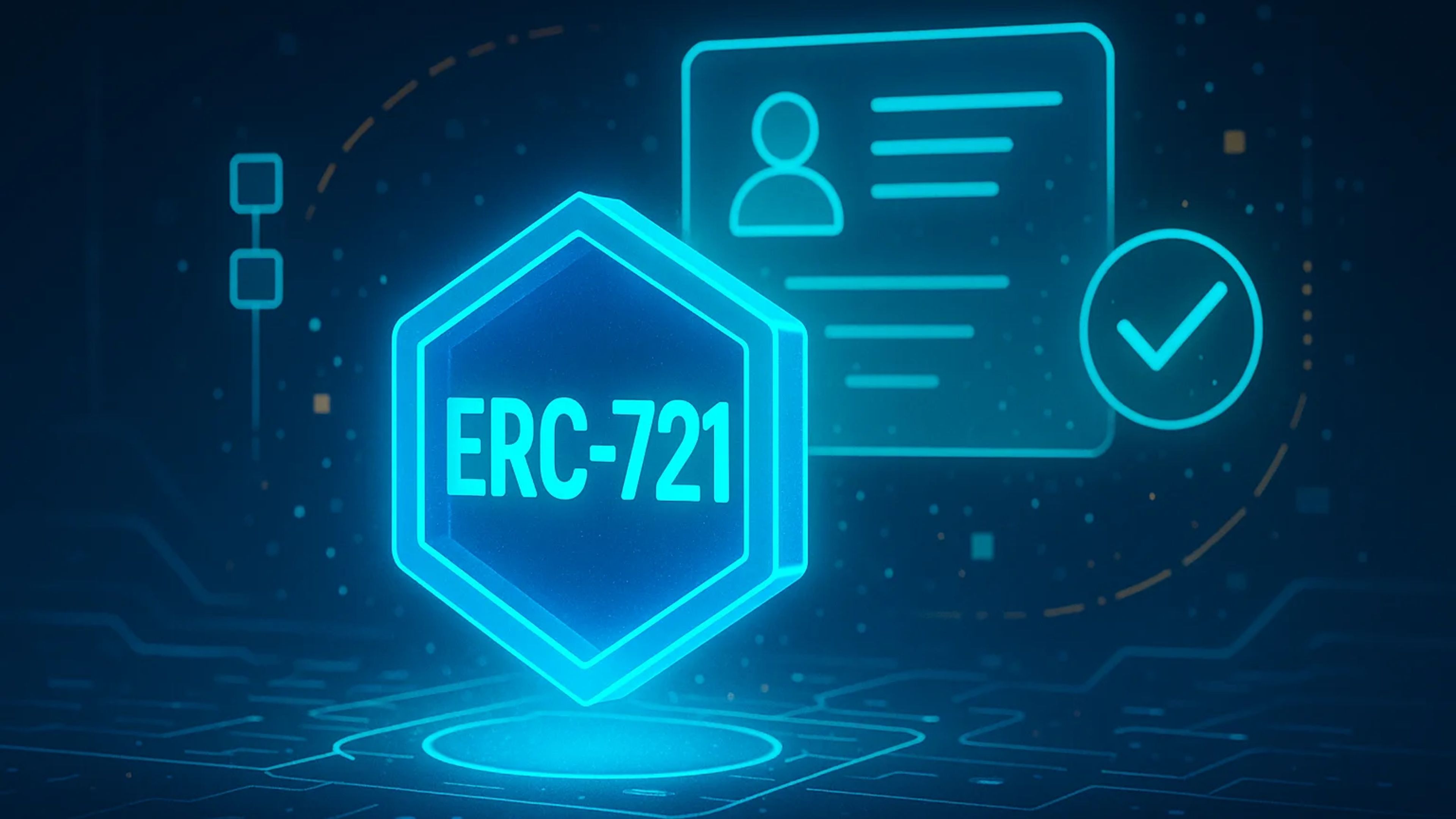 Glowing hexagon with 'ERC-721' and an ID card icon