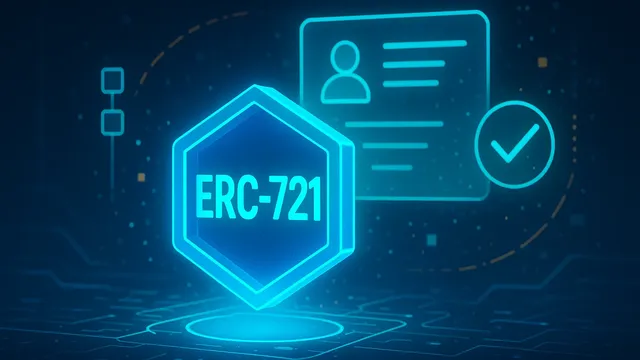 Glowing hexagon with 'ERC-721' and an ID card icon