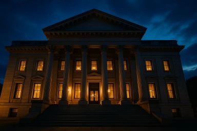 Historic building with columns, lit windows at