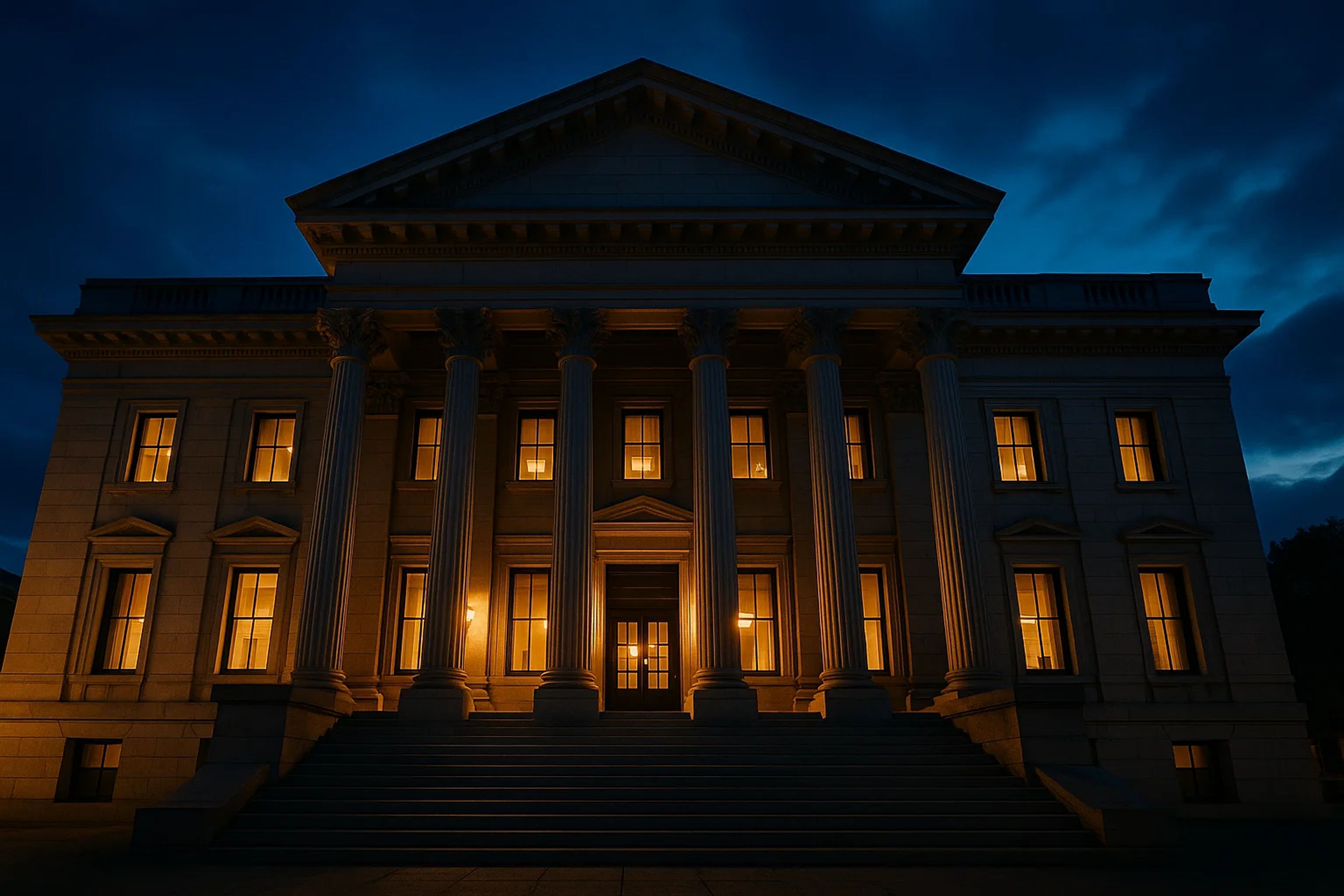 Historic building with columns, lit windows at