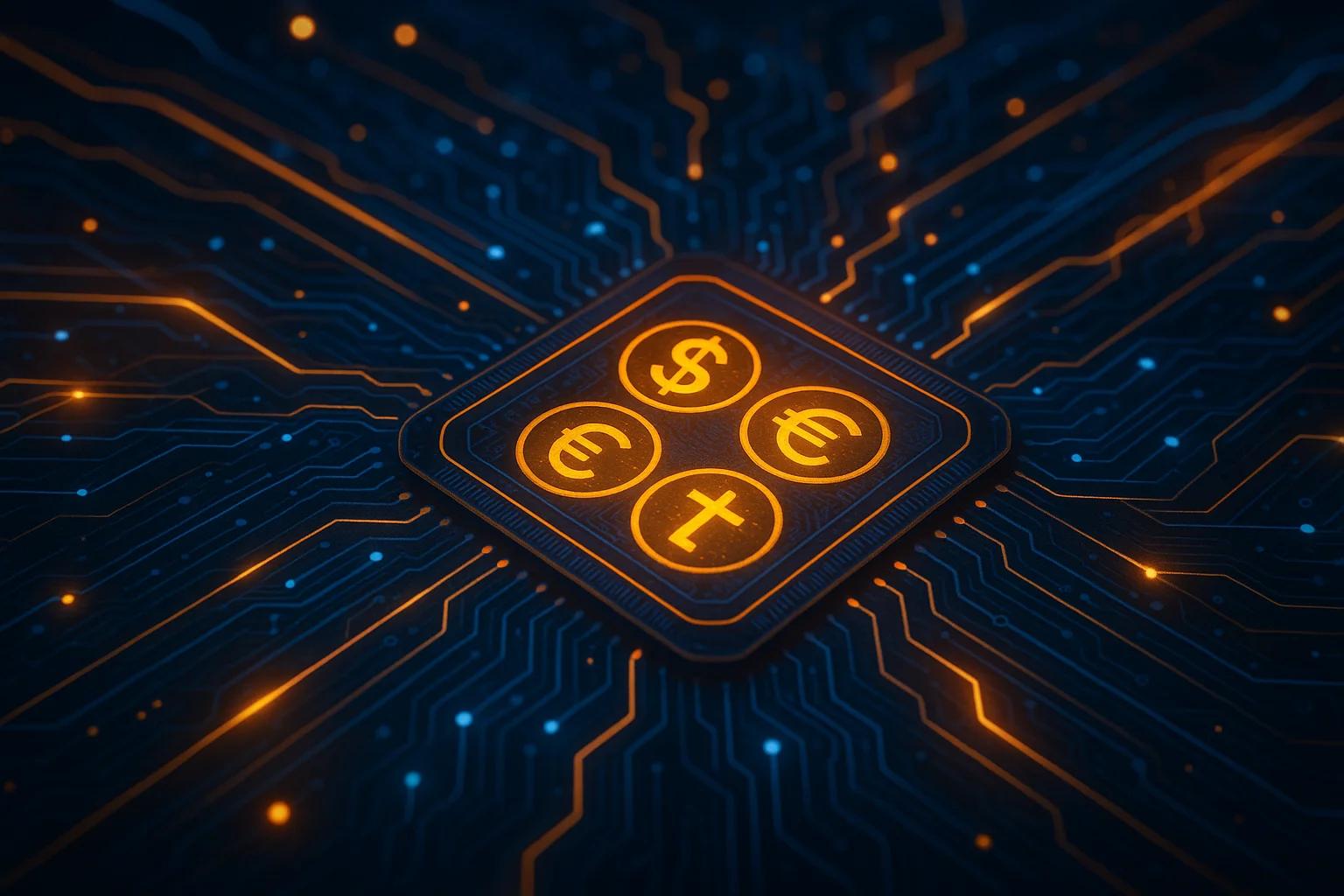 Circuit board with glowing currency symbols
