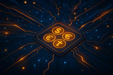 Circuit board with glowing currency symbols