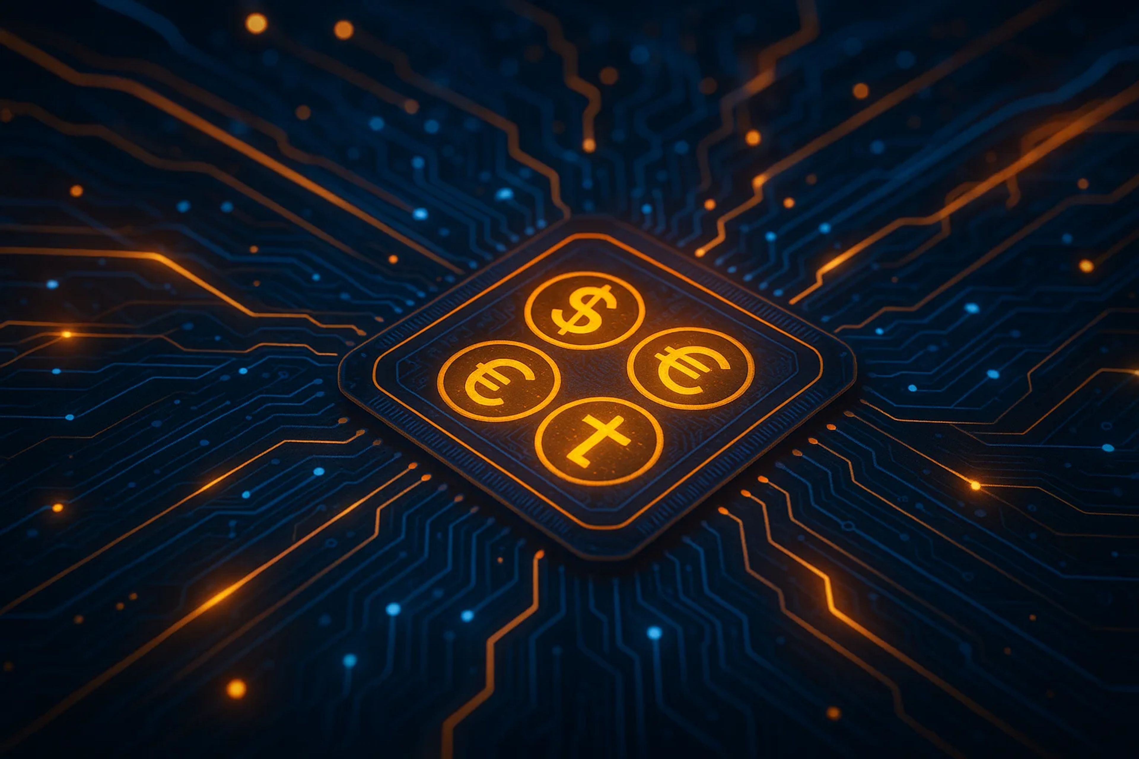 Circuit board with glowing currency symbols