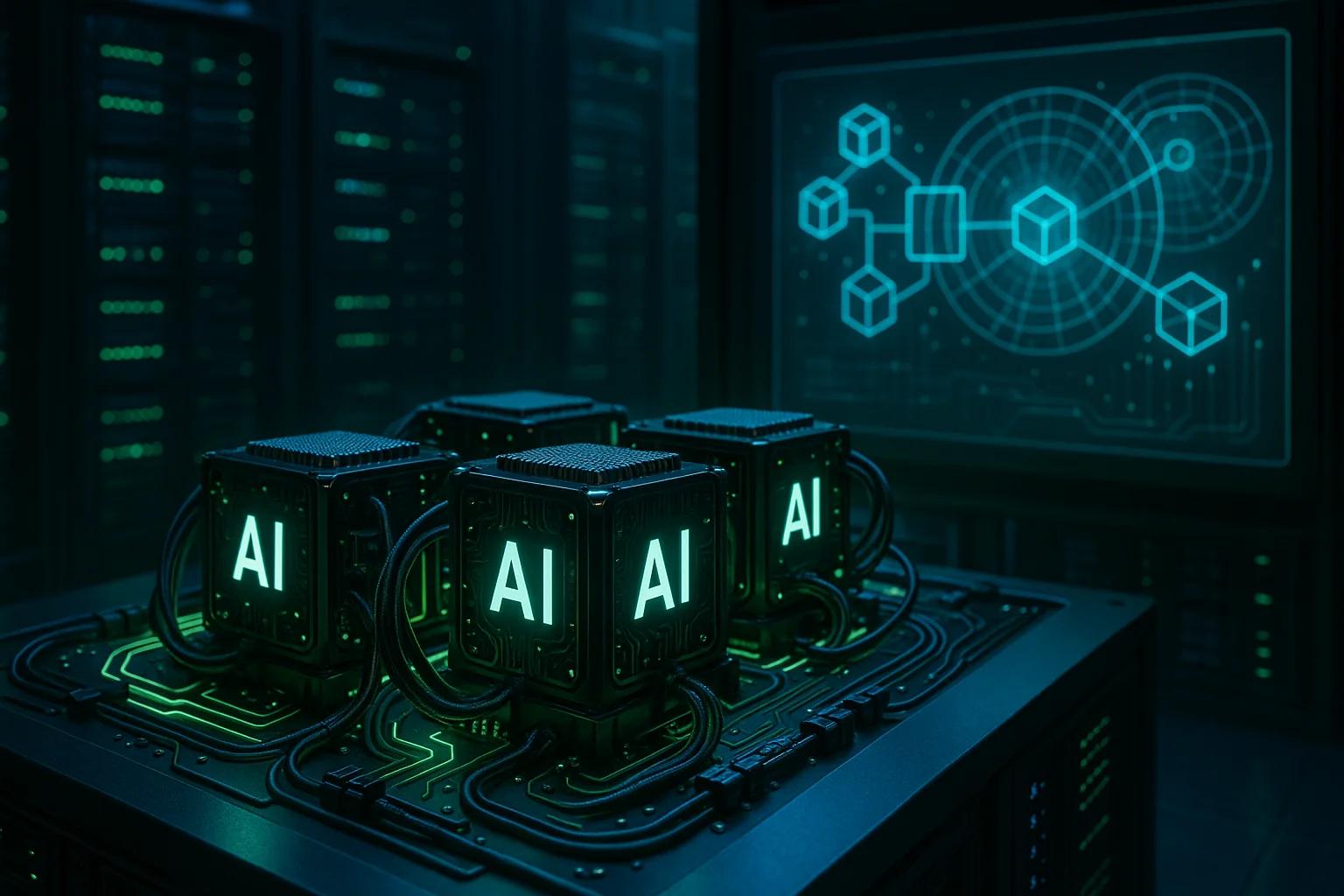 Four glowing AI cubes on a dark server background