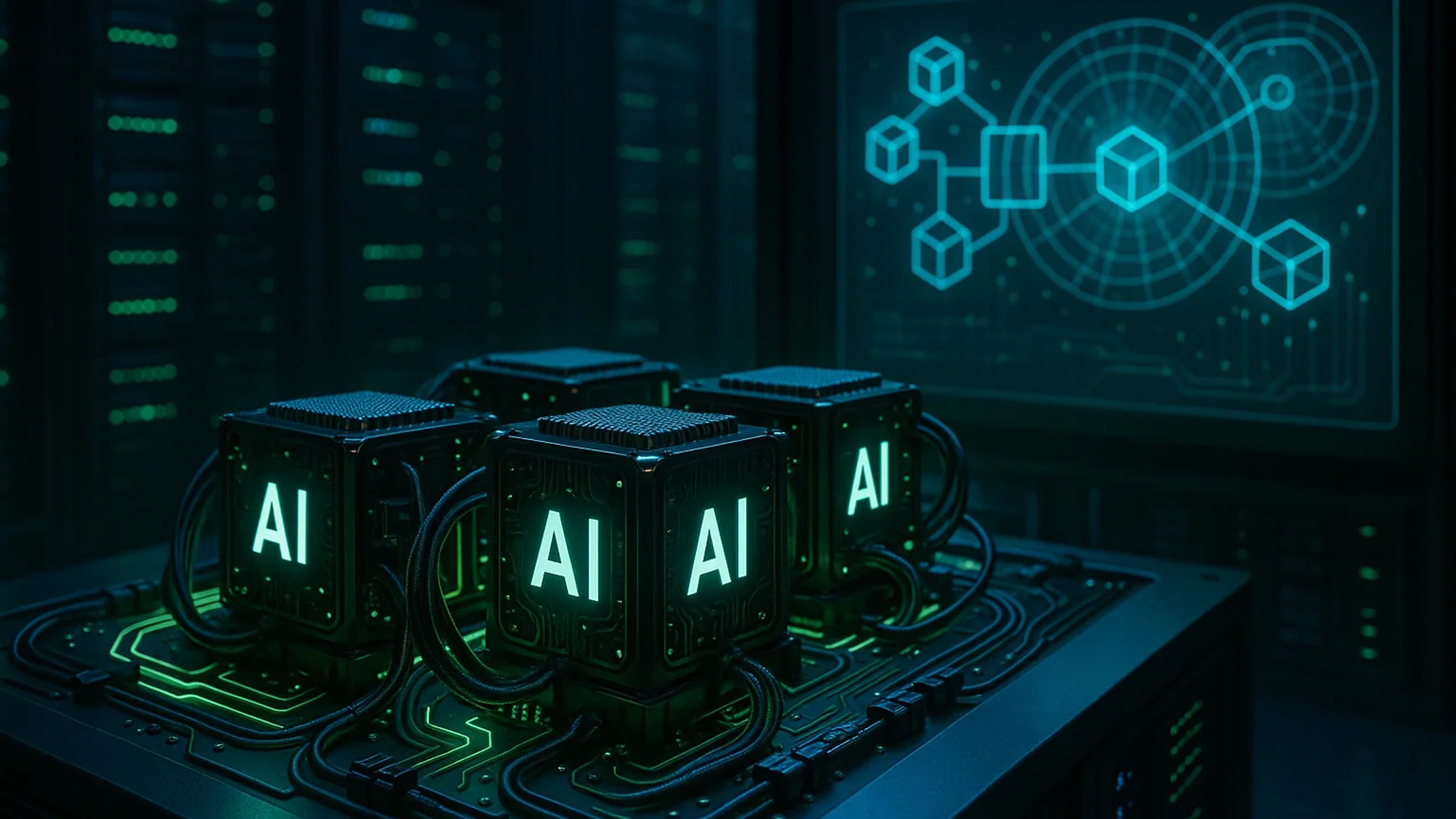 Four glowing AI cubes on a dark server background