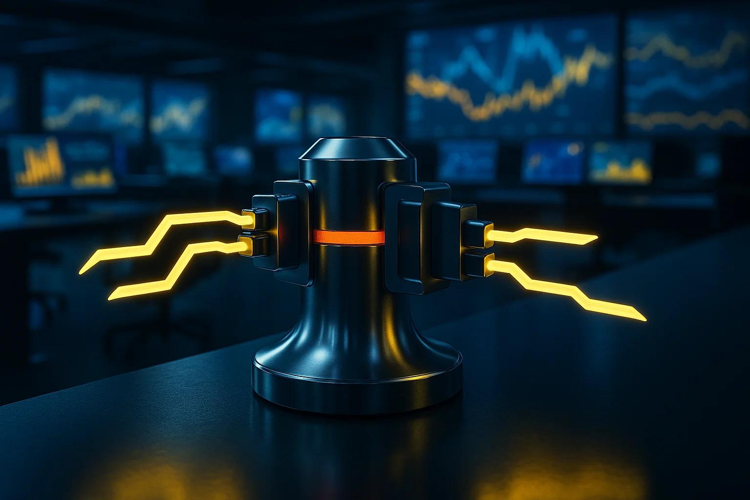 A metallic device with glowing yellow lightning